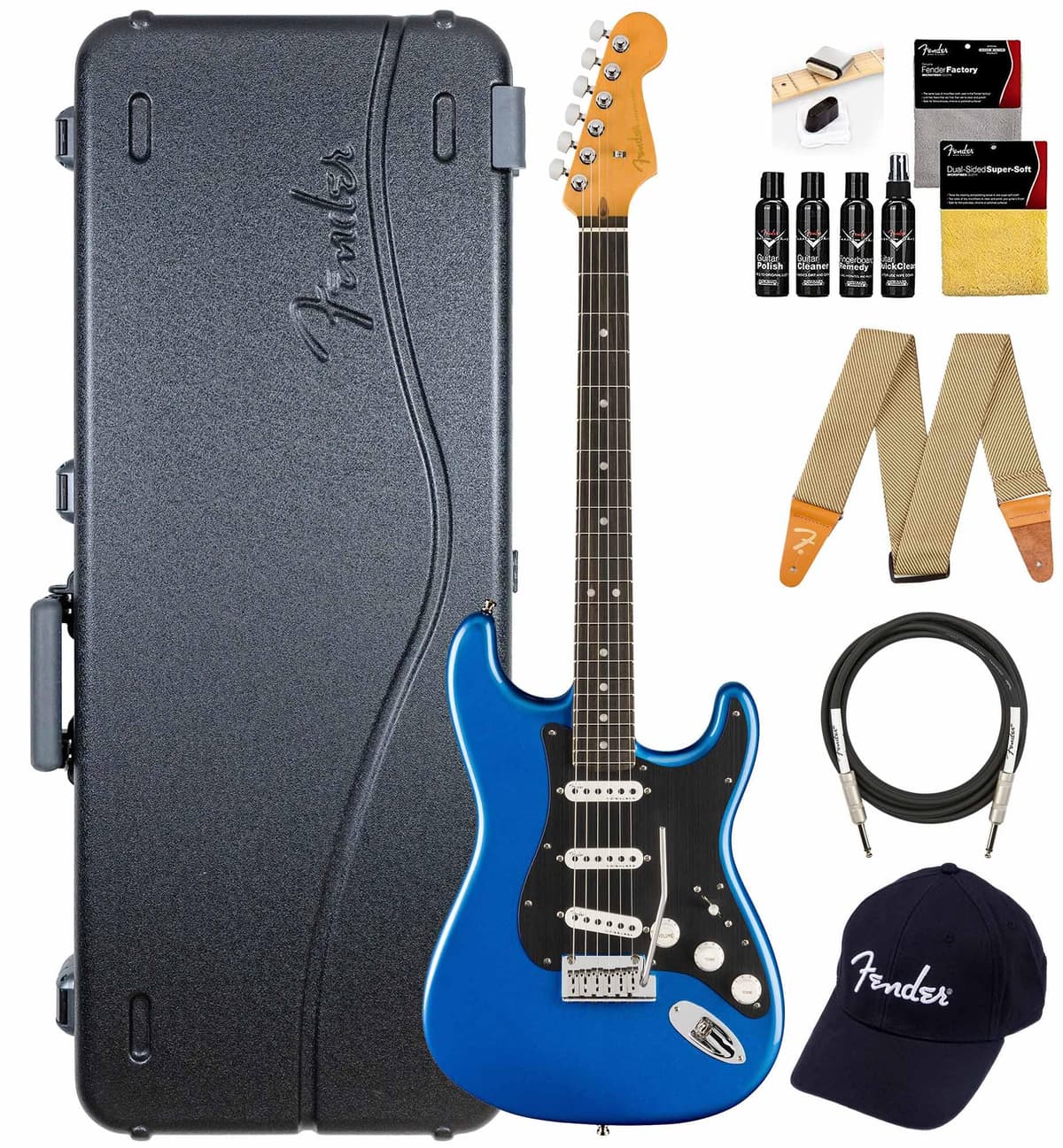 Fender American Ultra II Stratocaster Noble Blue - Guitarra Eléctrica Premium con Estuche, Correa, Cable, Gorra y Kit de Limpieza 119141776