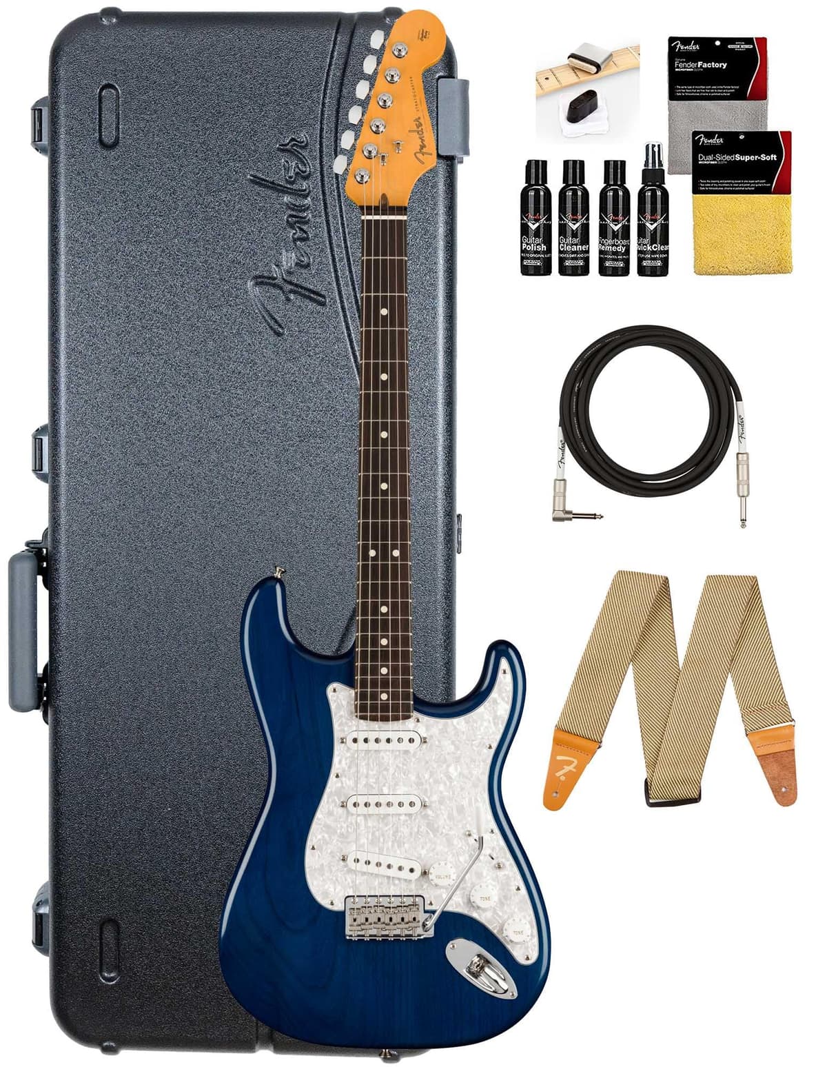 Fender Cory Wong Stratocaster 115010727 - Guitarra Eléctrica Sapphire Blue Transparent, Bundle con Estuche Moldeado, Correa, Cable y Kit de Limpieza