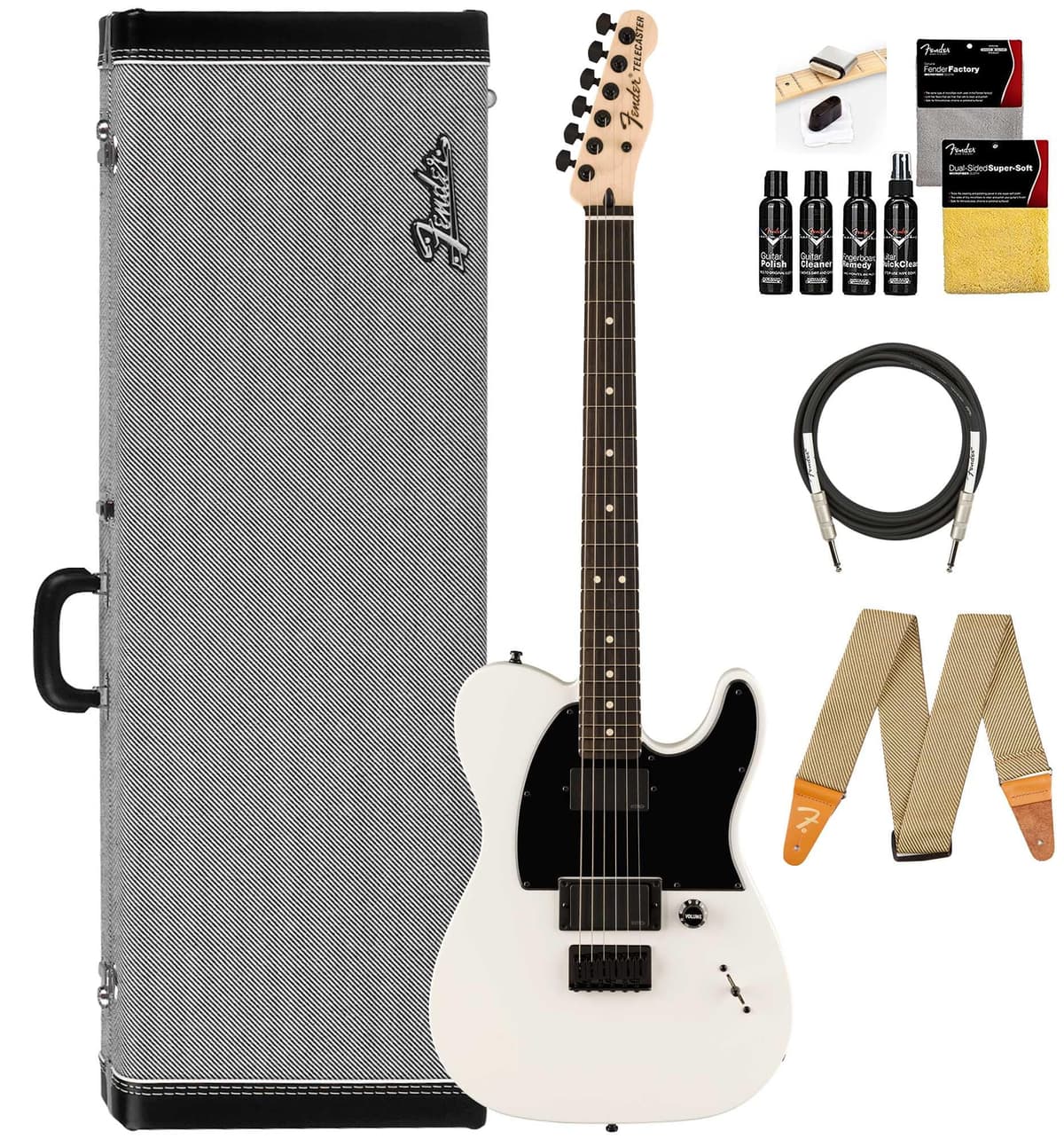 Fender Jim Root Telecaster 134444780 - Guitarra Eléctrica Flat White, Bundle con Estuche Rígido Deluxe Black Tweed, Cable, Correa y Kit de Limpieza