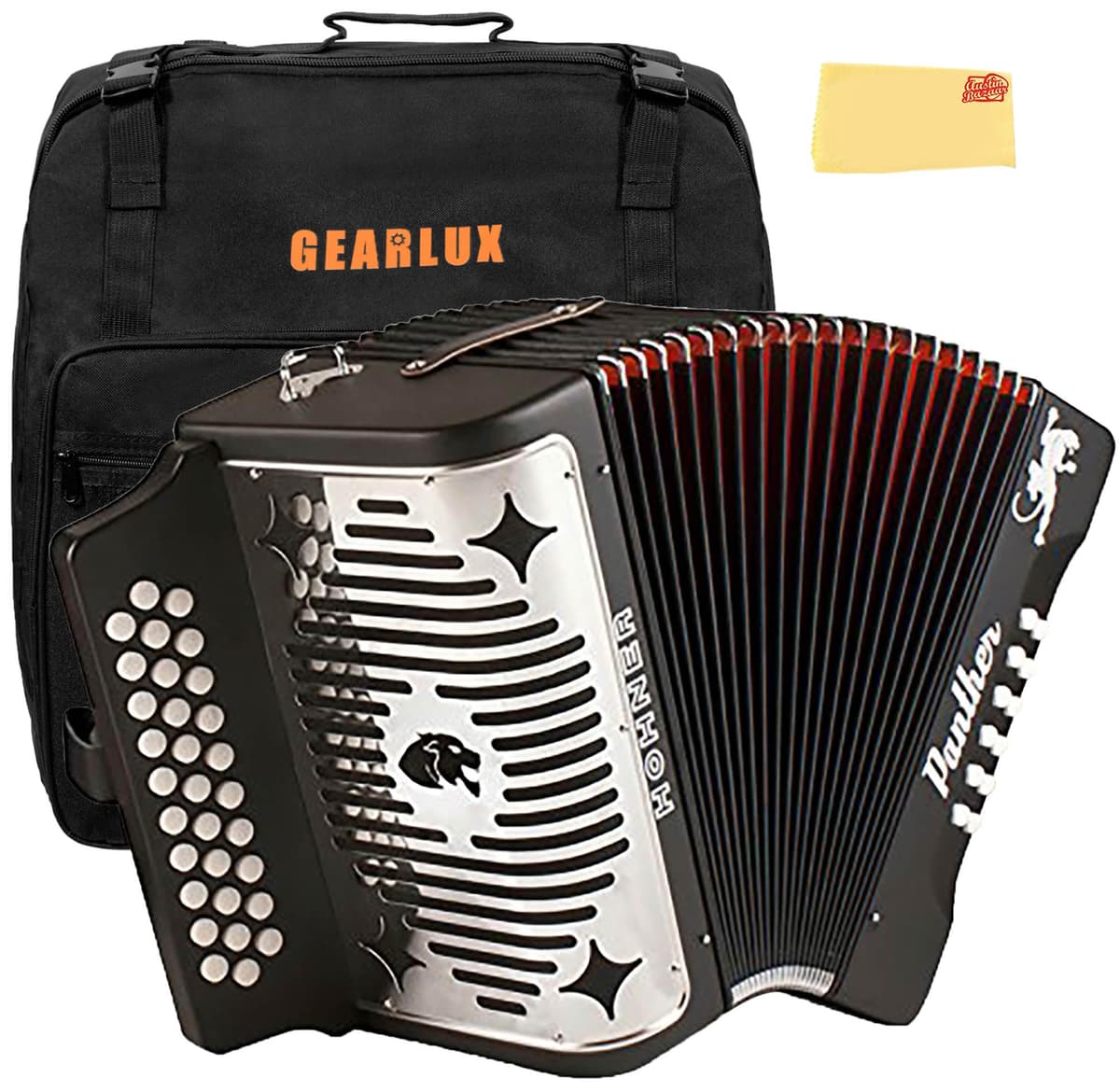 Hohner Panther A4840 Acordeón Diatónico F/Bb/Eb - Bundle con Funda (Gig Bag) y Paño de Pulido Austin Bazaar, A4840