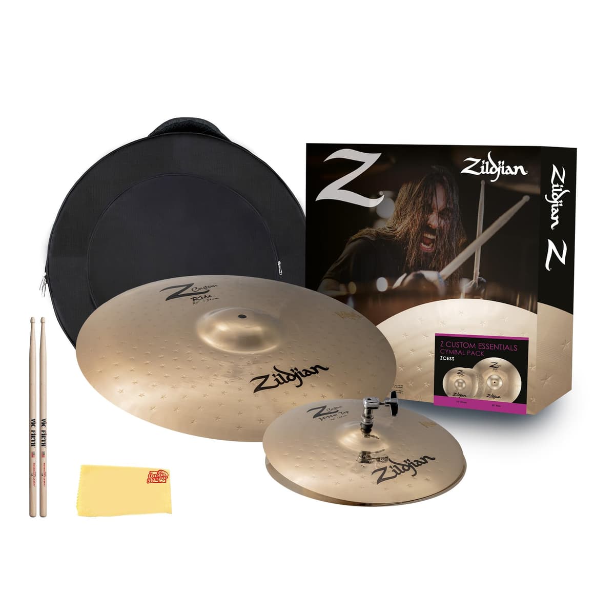 Zildjian Z Custom ZCESS Pack de Platillos Essentials con Estuche, Baquetas y Paño de Pulido Austin Bazaar