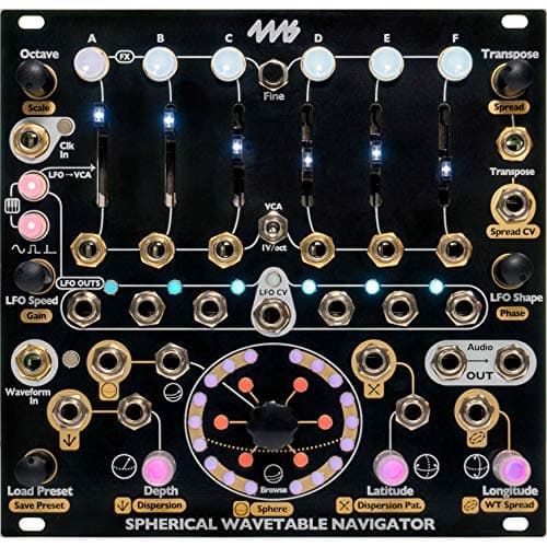 4MS Company Spherical Wavetable Navigator - módulo oscilador wavetable estéreo para Eurorack, síntesis espacial, navegación de tablas de ondas, modulaciones y performance modular
