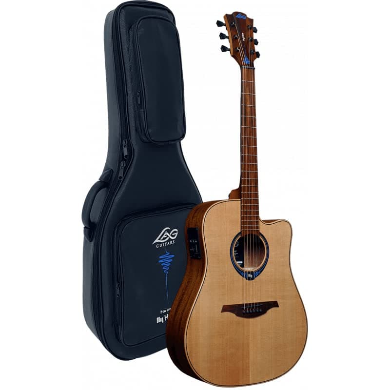 LAG HyVibe THV10DCE-LB Dreadnought Cutaway con Funda | Guitarra Electroacústica con Sistema HyVibe, Nueva Funda de Lujo