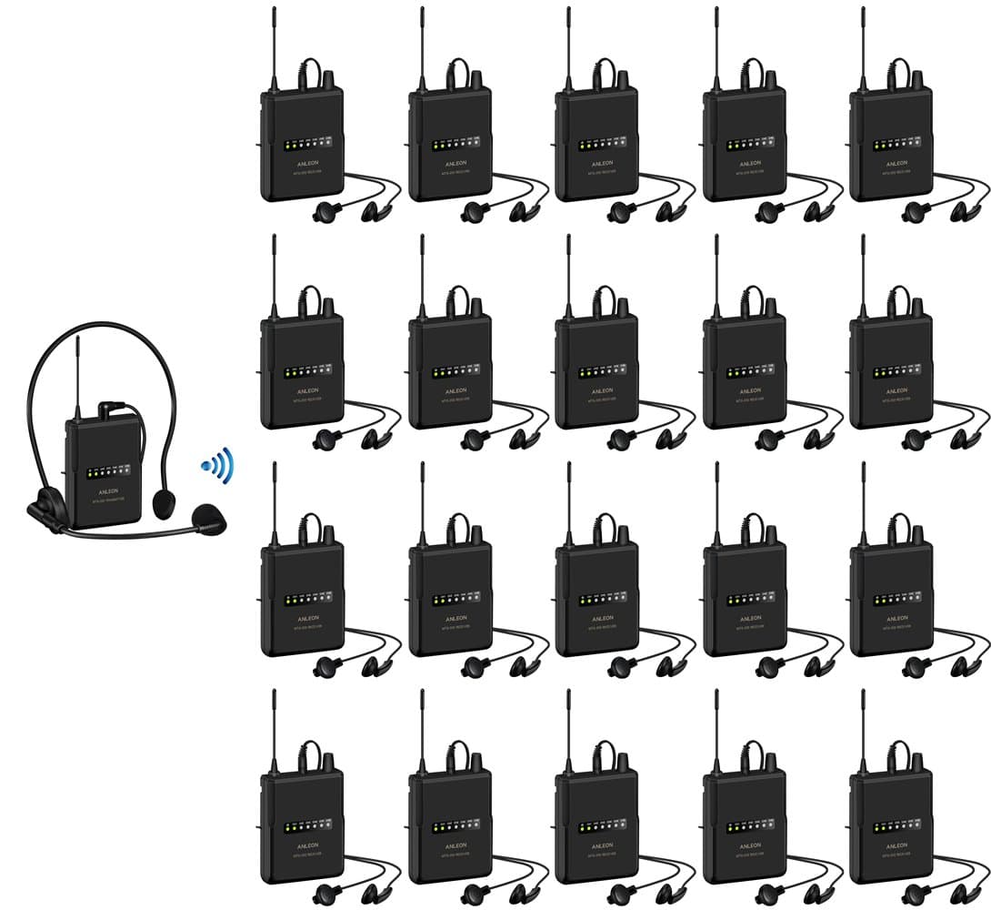 ANLEON MTG-200 Sistema de Guía Turística UHF e Interpretación Simultánea para Iglesia con 1 Transmisor y 20 Receptores, Profesional
