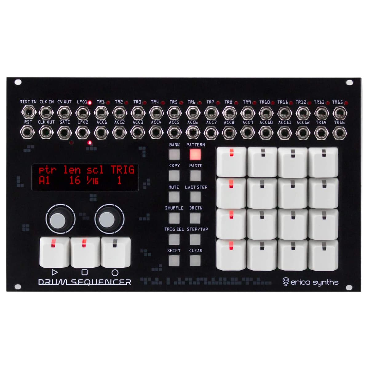 Erica Synths Drum Sequencer Módulo Eurorack Secuenciador de Batería 16 Pistas Gate CV Performance MIDI USB Clock Sync integración DAW
