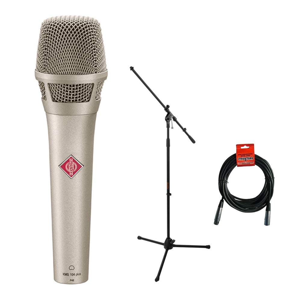 Neumann KMS104 Plus Micrófono de Mano para Escenario (Níquel) con Trípode para Micrófono y Cable XLR - Bundle