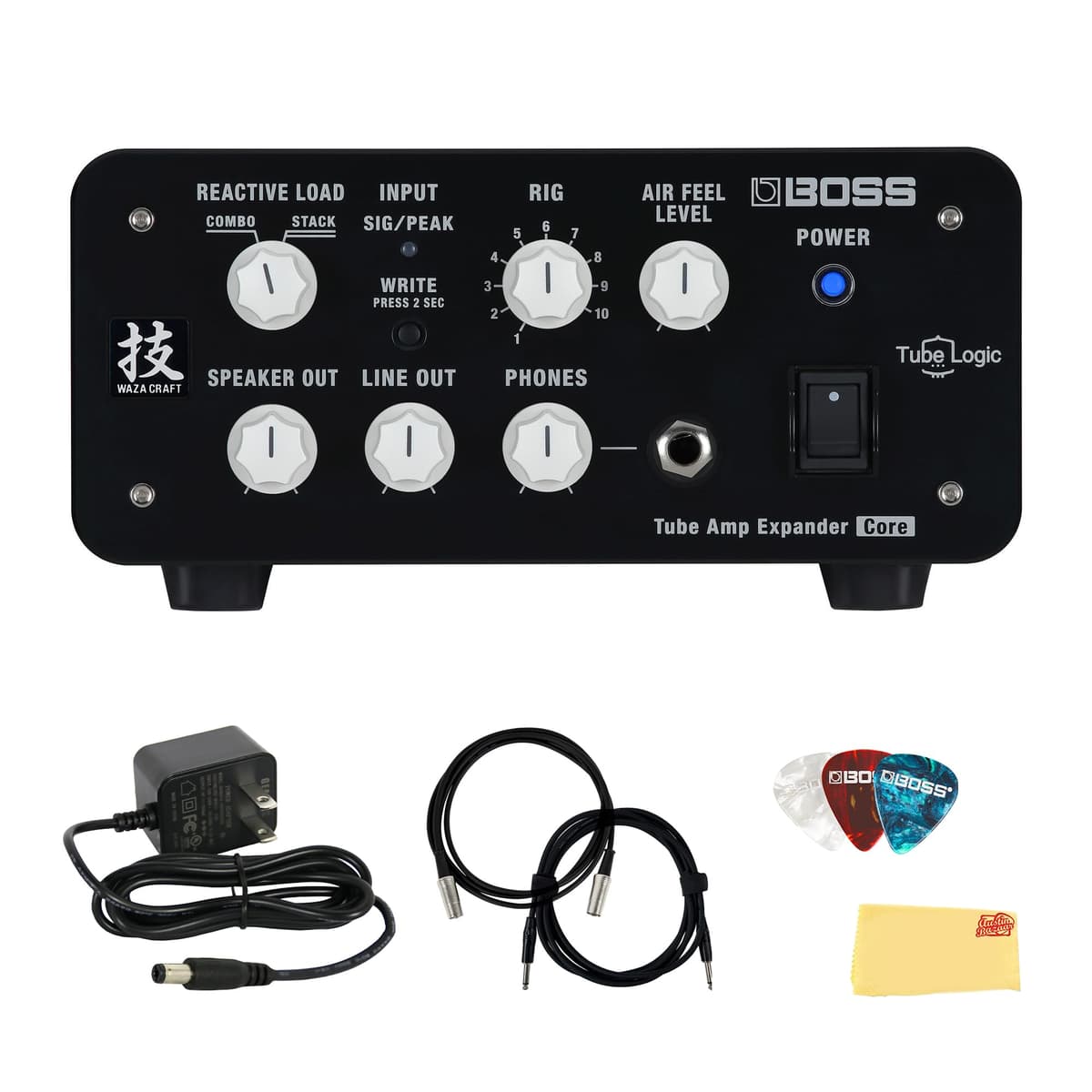 BOSS Waza Tube Amp Expander Core Bundle con fuente de poder Gearlux, cable MIDI, cable de instrumento, púas y paño de pulido Austin Bazaar W-TAE-CORE-COMBO