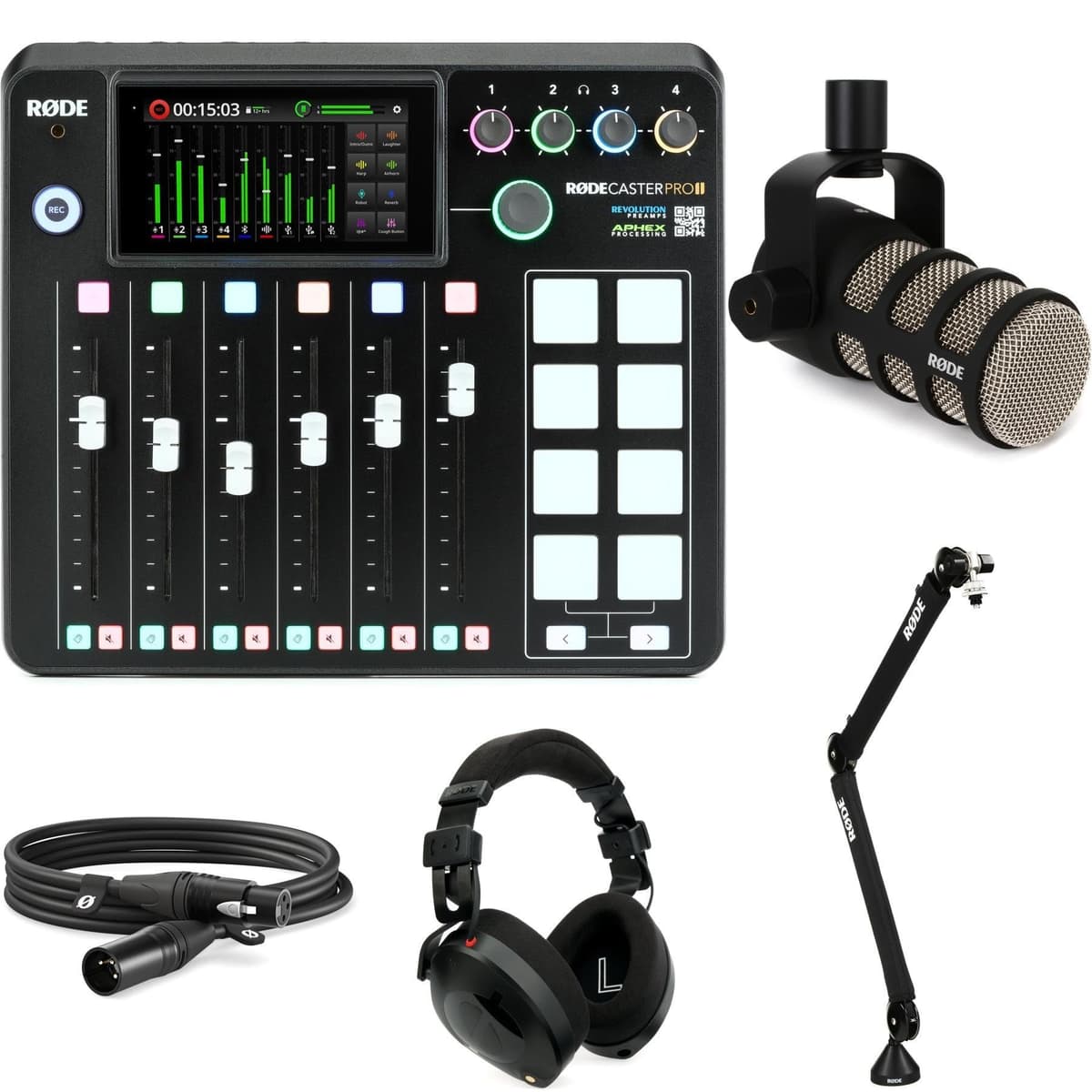GearNuts Rode Rodecaster Pro II y PodMic - Bundle de Podcast con Micrófono, Audífonos Profesionales, Cable XLR de 10', Tarjeta SD 128GB, Brazo Boom y Cubierta contra Polvo RCP2-PodMic