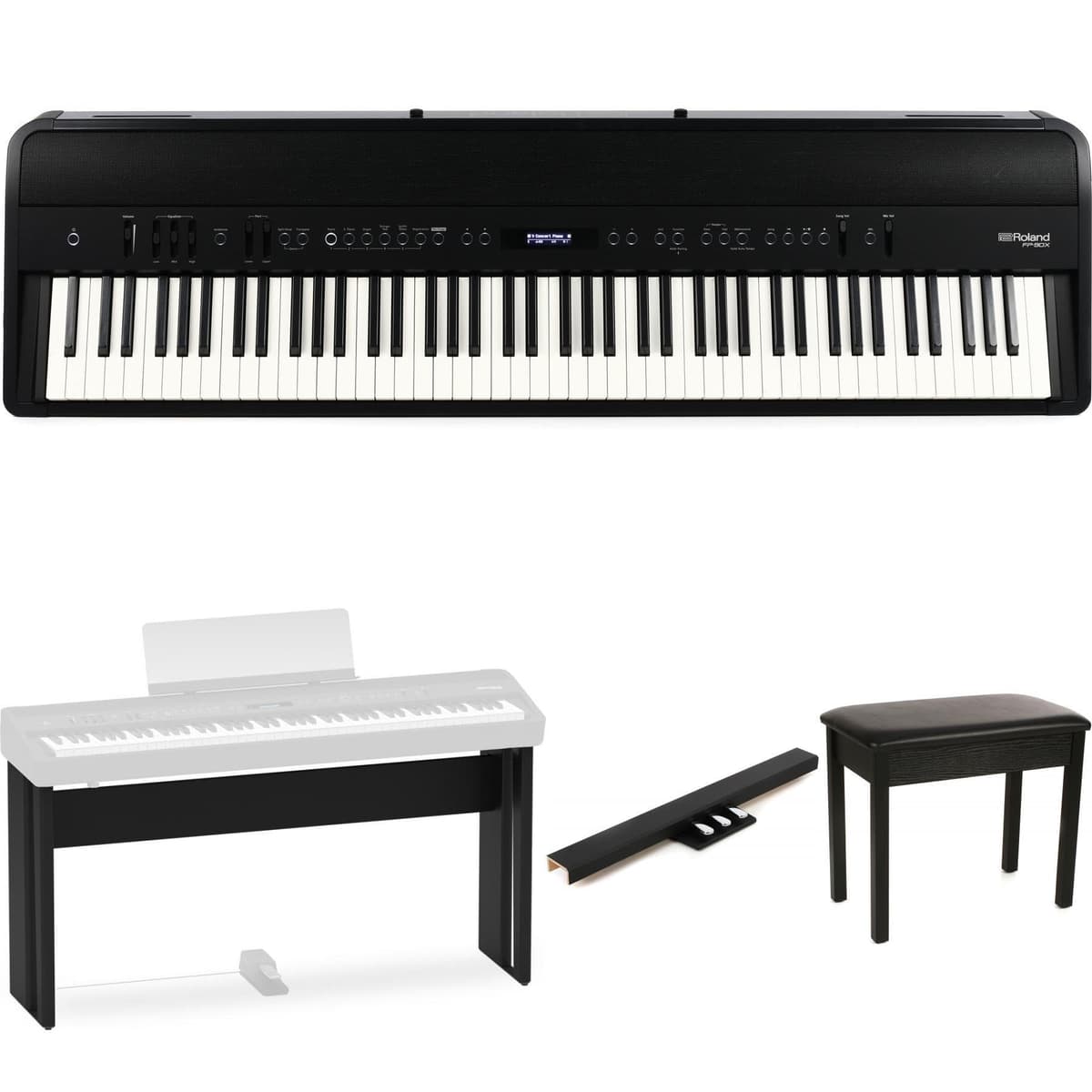 Roland FP-90X Piano Digital Bundle Hogar - Negro, Teclado 88 teclas contrapesadas, altavoces integrados, conexión Bluetooth, pedal incluido
