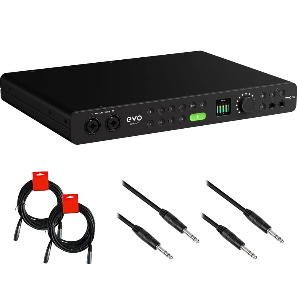 EVO 16 Interfaz de Audio USB Bundle con 2 Cables TRS 10' Pearstone PM-TRS y 2 Cables XLR-XLR para Estudio y Grabación
