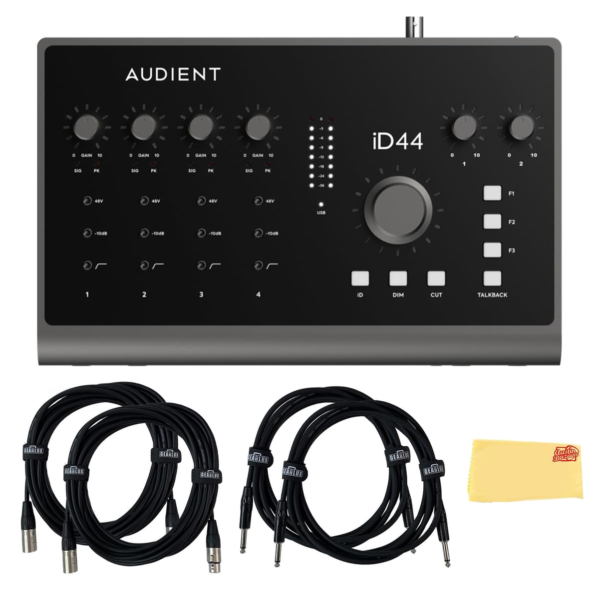 Audient ID44MKII Interfaz de Audio USB Bundle con 2 Cables de Instrumento, 2 Cables XLR y Paño de Pulido Austin Bazaar ID44MKII - Bundle w/ 4 Cables