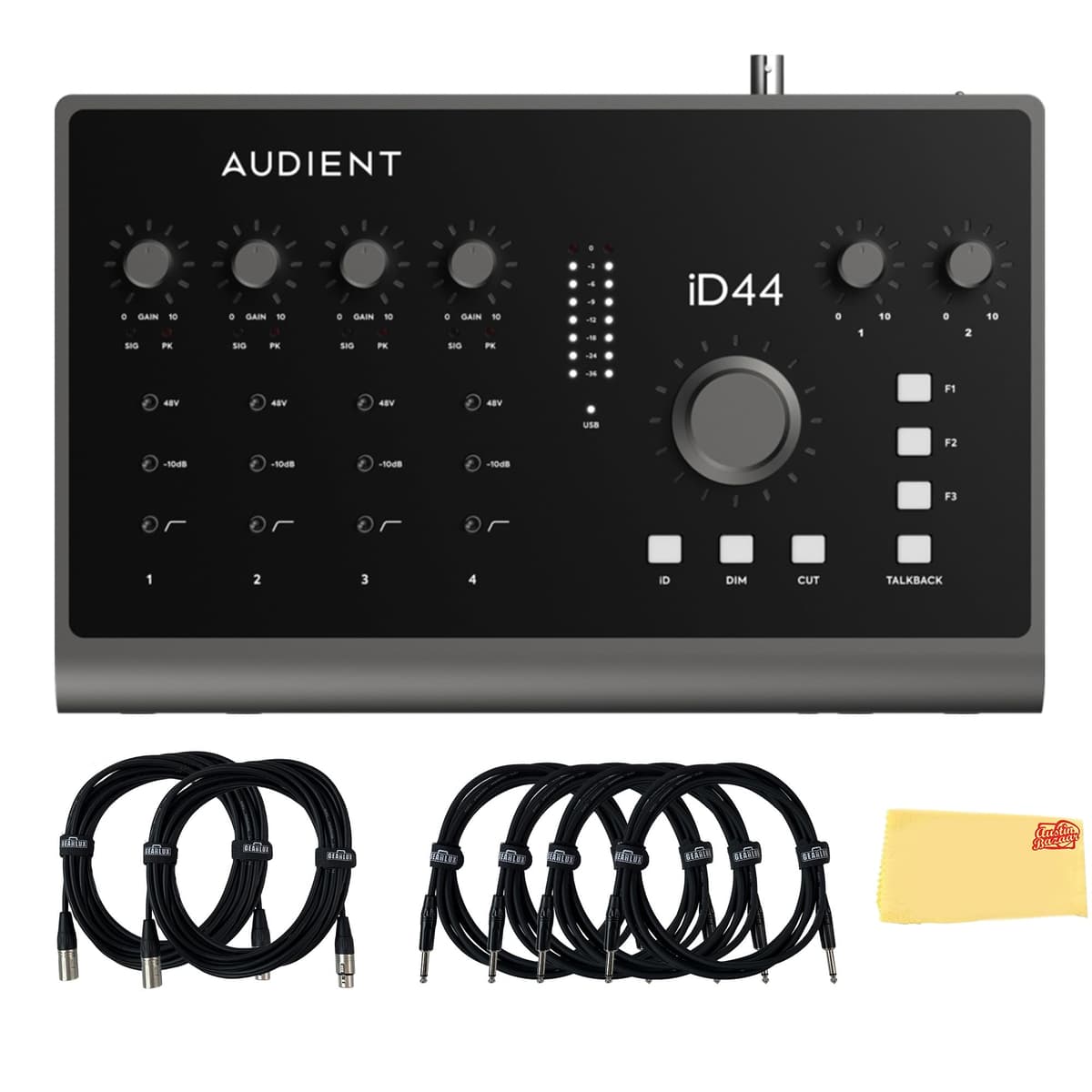 Audient ID44MKII Interfaz de Audio USB Bundle con 2 Cables para Instrumento, 4 Cables XLR y Paño de Pulido Austin Bazaar ID44MKII - Bundle w/ 6 Cables