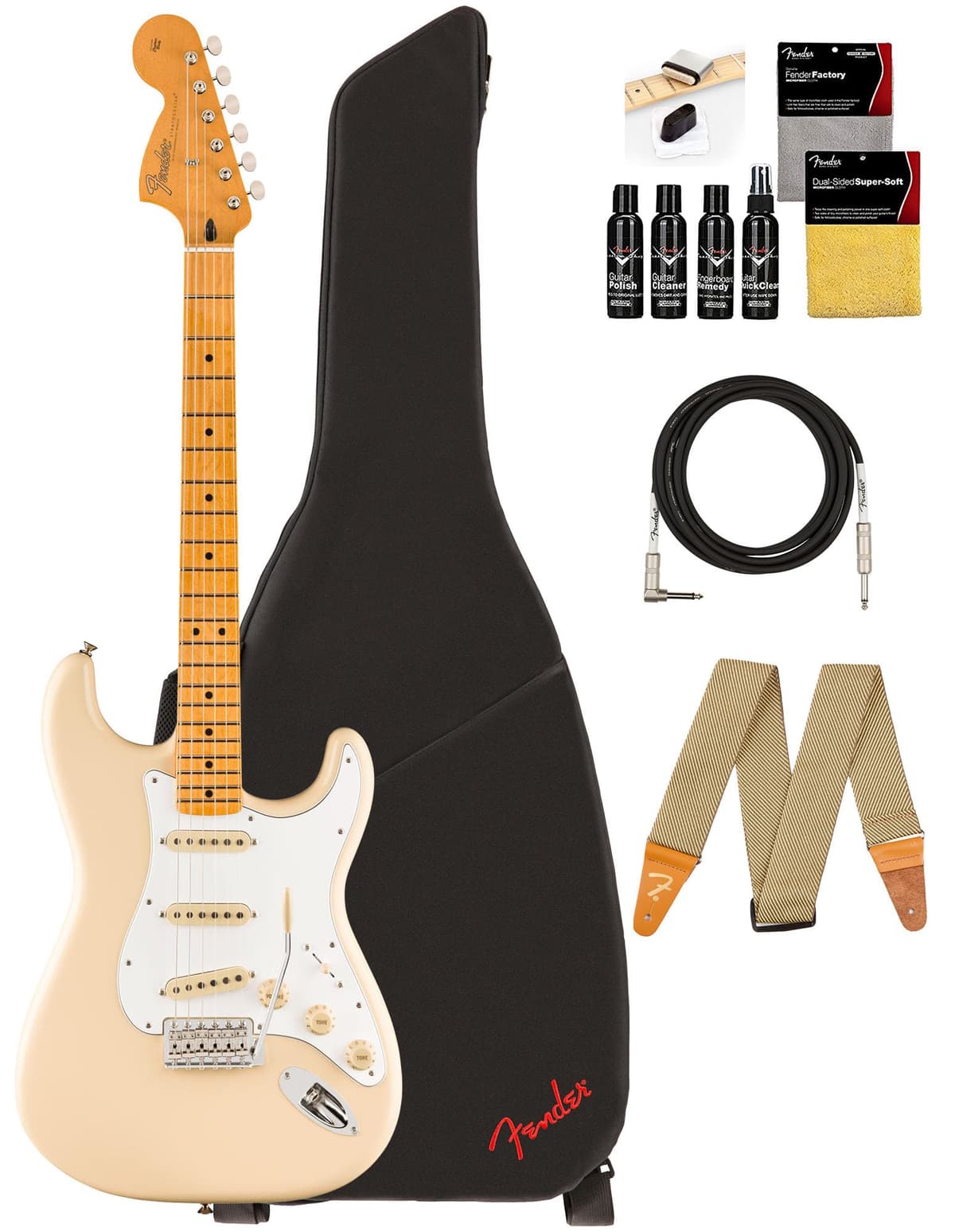 Fender Jimi Hendrix Stratocaster 145802305 - Guitarra Eléctrica Olympic White, Bundle con Funda Deluxe, Cable, Correa y Kit de Limpieza