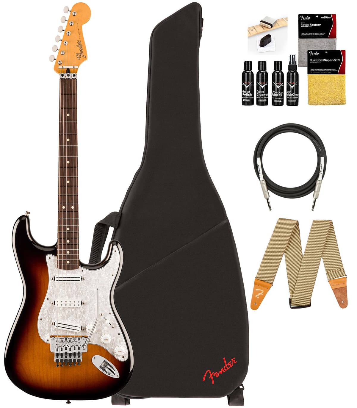 Fender Dave Murray Stratocaster 141010303 - Guitarra Eléctrica 2-Color Sunburst, Bundle con Funda Deluxe, Cable, Correa y Kit de Limpieza