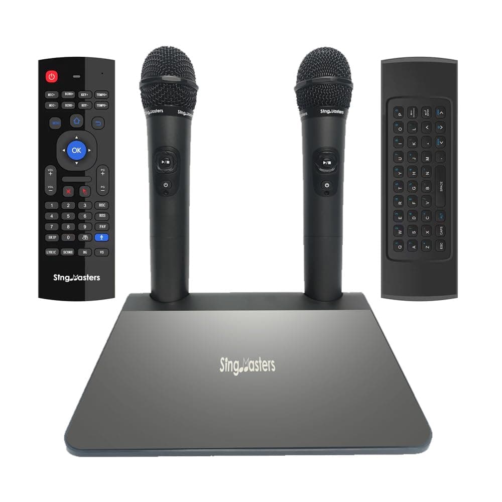 SingMasters SM-900 Pro Karaoke en Inglés, 13K Canciones, Android TV Smart, Doble Micrófono Inalámbrico, Wi-Fi, YouTube Karaoke, Grabación de Video, Apps, Play Store
