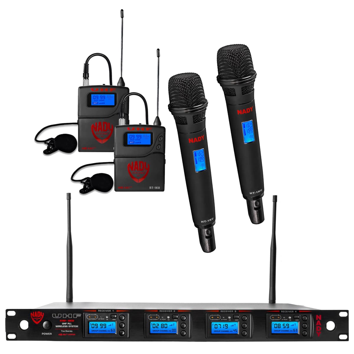 Nady 4W-1KU-HT-LT-NEUS Quad True Diversity UHF Inalámbrico 1000 Canales con 2 Micrófonos de Mano y 2 de Solapa - Autoscan - Emparejamiento Automático - Chasis Metálico