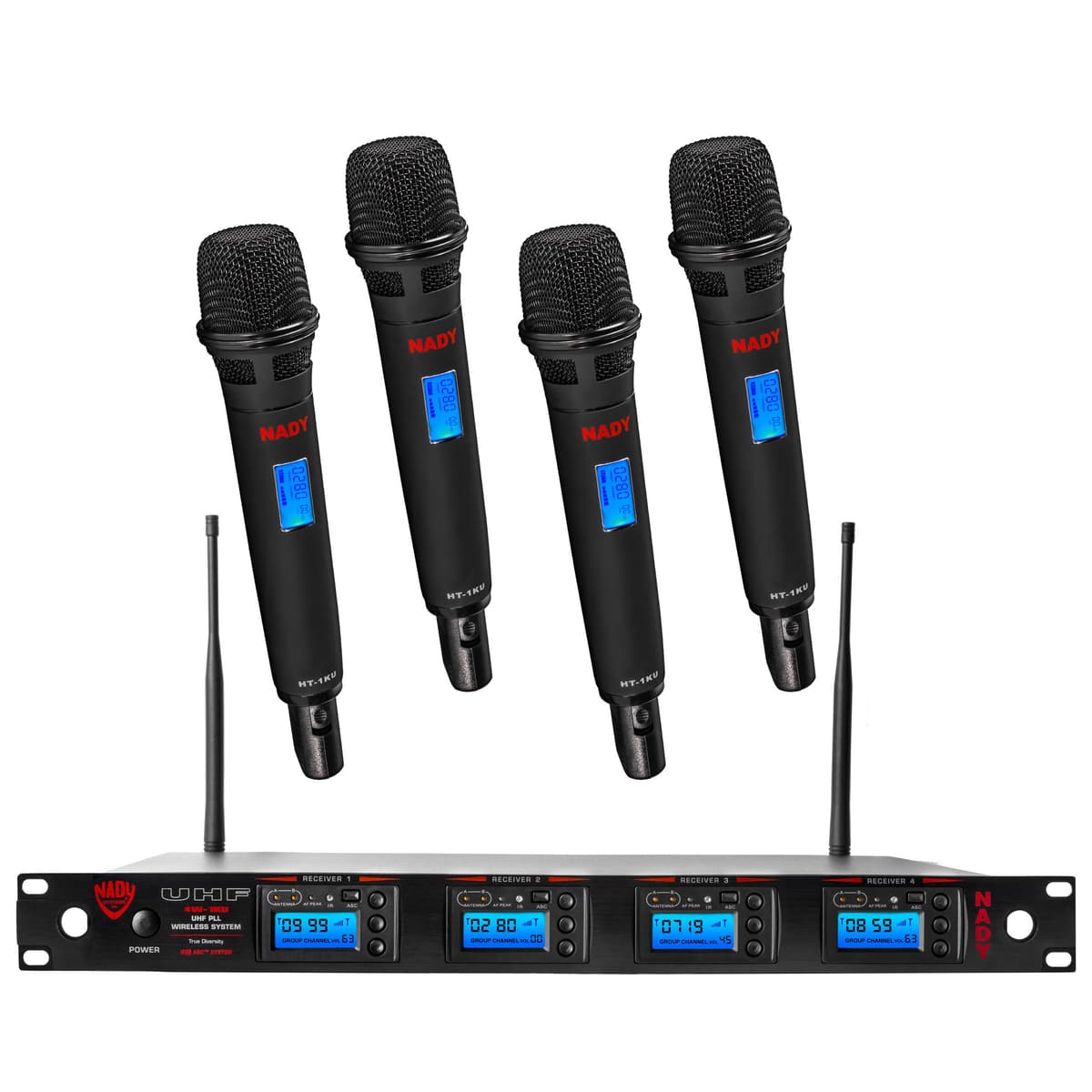 Nady 4W-1KU-HT Sistema Inalámbrico UHF Profesional True Diversity de 1000 Canales con 4 Micrófonos de Mano - Autoscan - Emparejamiento Automático - Construcción Metálica Completa 4W-1KU-HT-NEUS