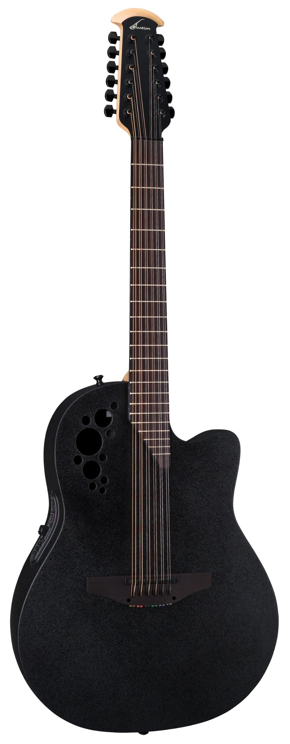 Ovation Mod TX 2058TX-5 Guitarra Electroacústica de 12 Cuerdas, Cuerpo Deep Contour, Acabado Negro Texturizado