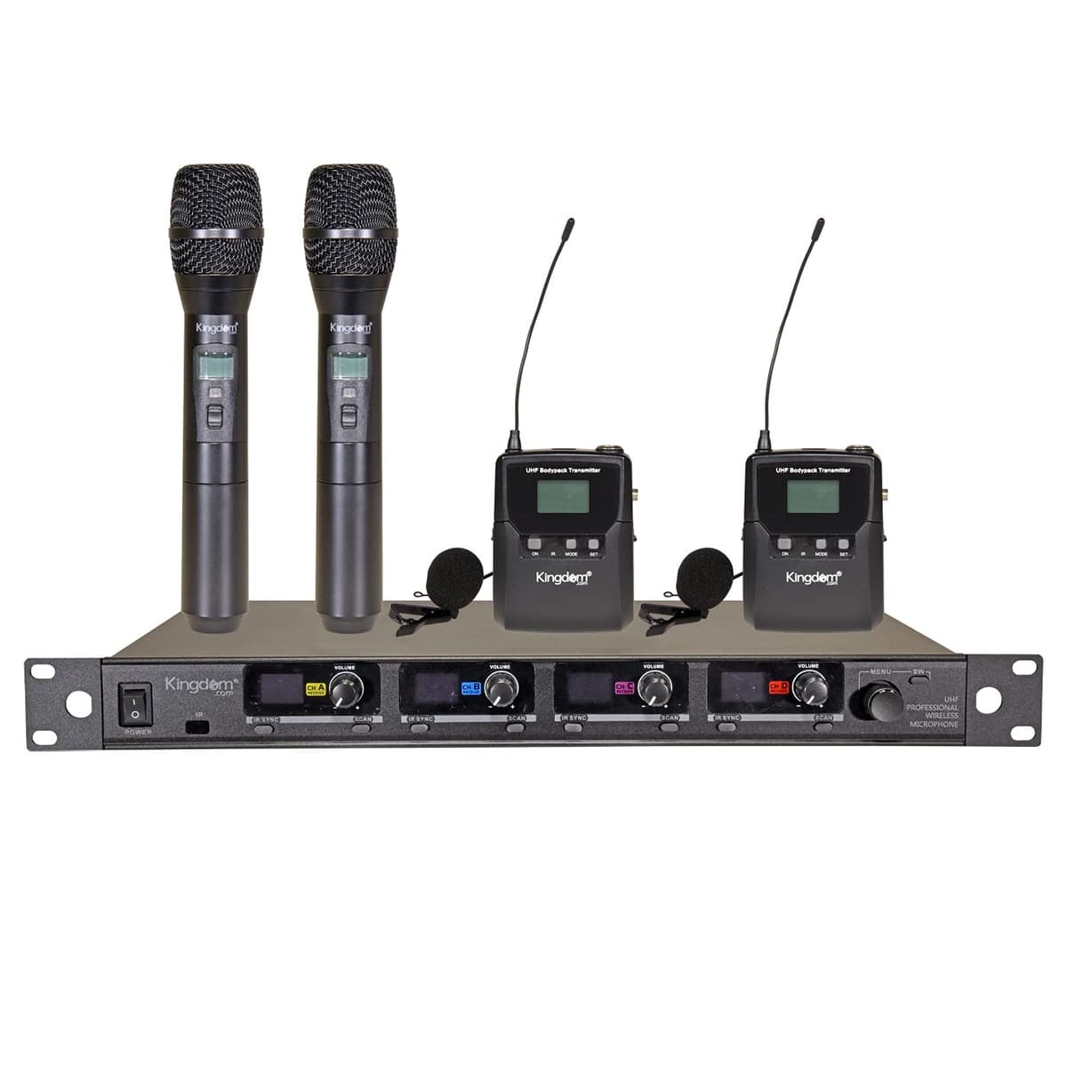 Kingdom SYSV54 Micrófono Inalámbrico Profesional UHF de 1000 Canales con 2 Handheld, 2 Bodypack y Lapelas para Discurso, Canto, Iglesia, Presentaciones, Karaoke, DJ, Fiestas y Aulas