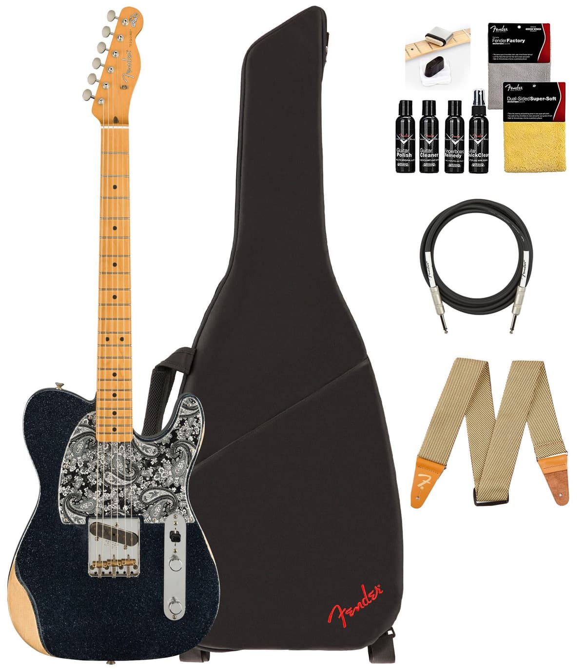 Fender Brad Paisley Esquire Telecaster 140322398 - Guitarra Eléctrica Black Sparkle, Bundle con Funda, Correa, Cable y Kit de Limpieza