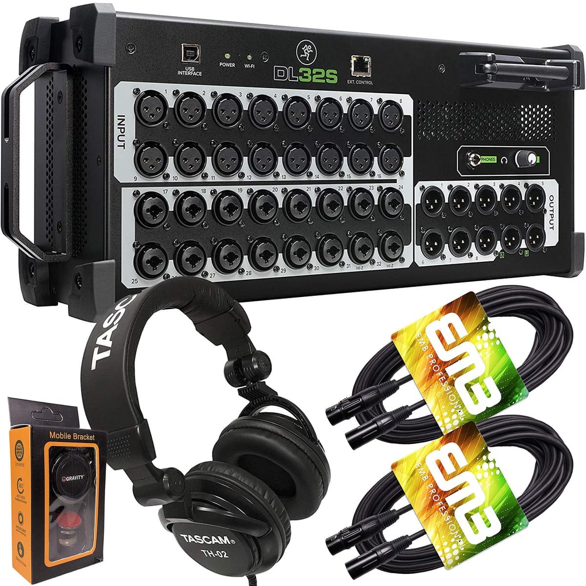 Mackie DL32S Mezcladora Digital de Rack 32 Canales con Interfaz de Audio USB 32x32 + Audífonos Pro + Par de Cables XLR EMB + Soporte Magnético para Celular Gravity Bundle TH02 (2)+M DL32S+TH02+XLR(2)+M