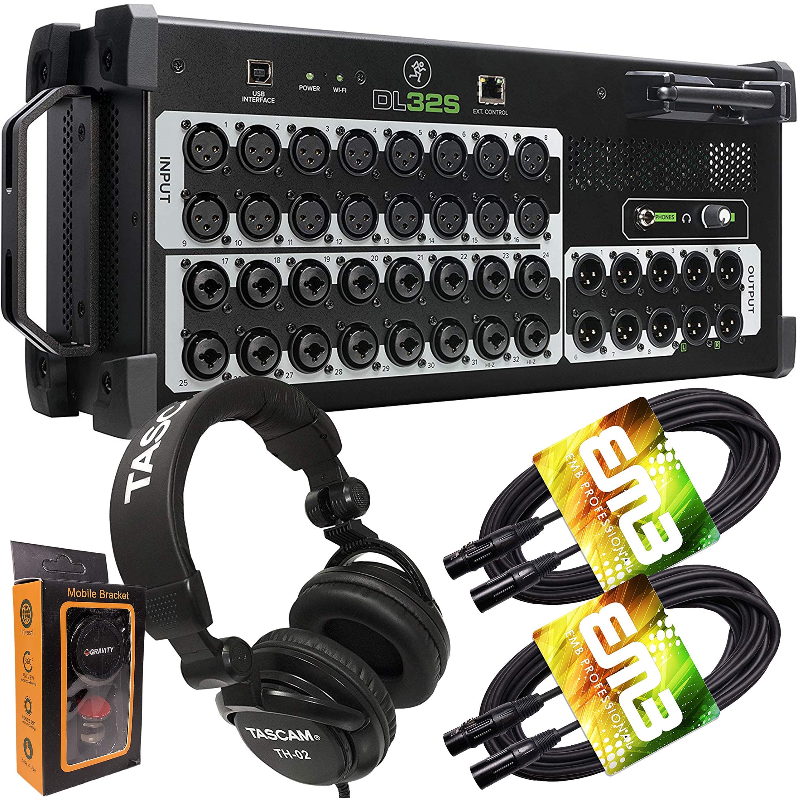 Mackie DL32S Mezcladora Digital de Rack 32 Canales con Interfaz de Audio USB 32x32 + Audífonos Pro + Par de Cables XLR EMB + Soporte Magnético para Celular Gravity Bundle TH02 (2)+M DL32S+TH02+XLR(2)+M