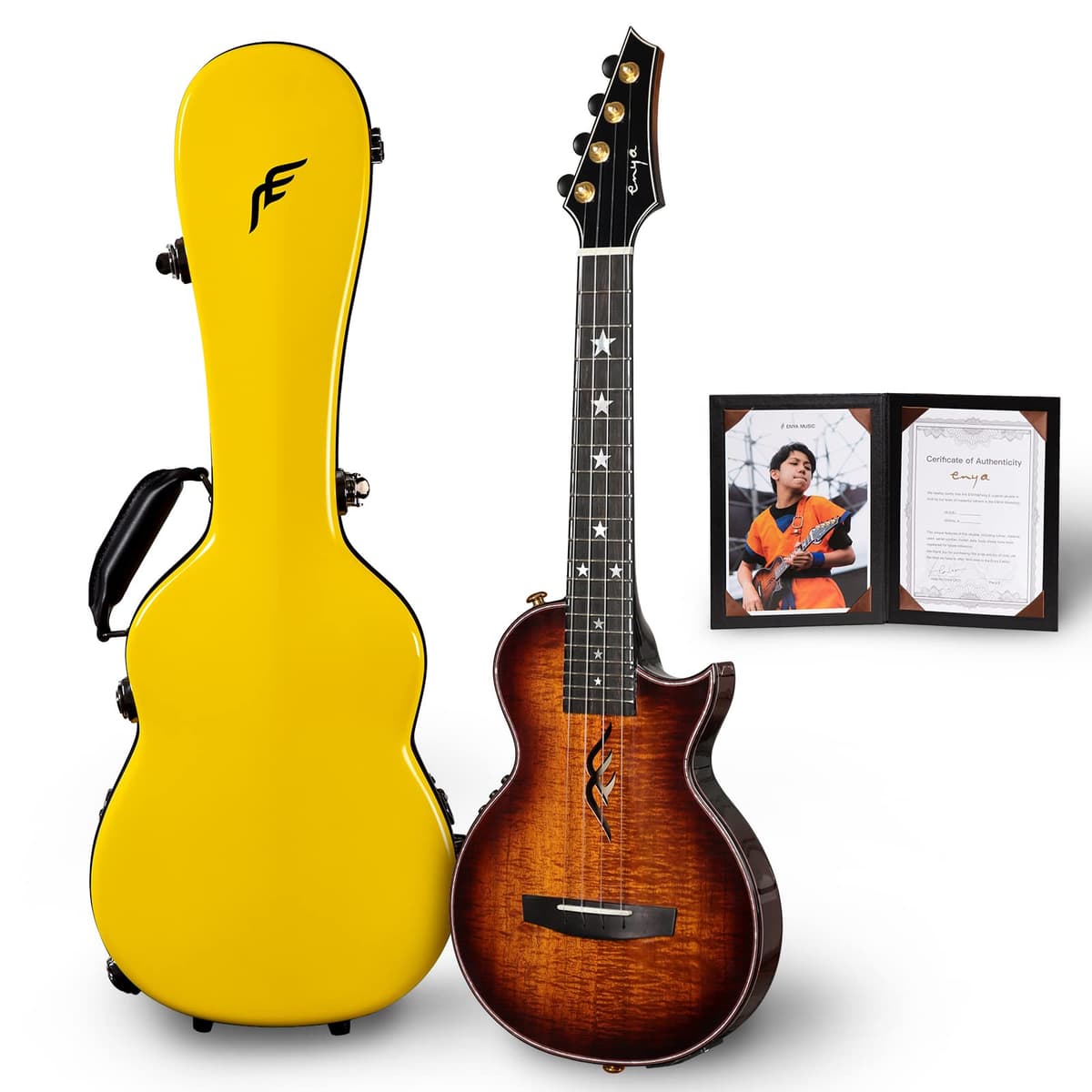 Enya E6 FE Koa - Ukelele Tenor de Madera Maciza de Koa Hawaiano, Edición Limitada Feng E Signature Pentagram, Pickup AcousticPlus Integrado, Estuche Rígido