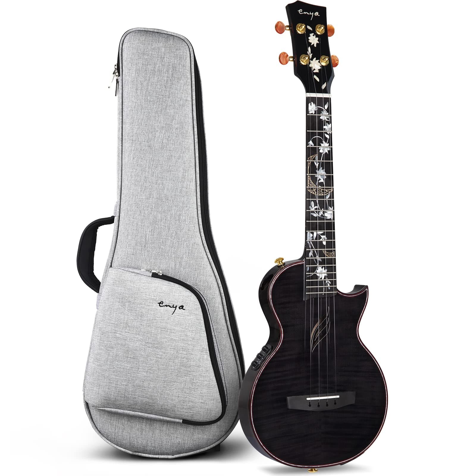 Enya EUT-E6/BK Ukelele Tenor de Madera Maciza de Arce Flameado con Pickup AcousticPlus Integrado y Estuche Deluxe