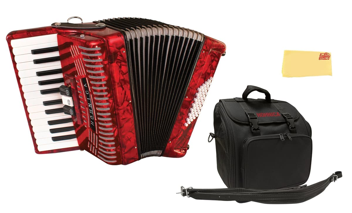 Hohner Hohnica 1304 Acordeón Piano 48 Bajos - Rojo Perlado, Bundle con Funda, Correas y Paño de Pulido Austin Bazaar 1304-RED