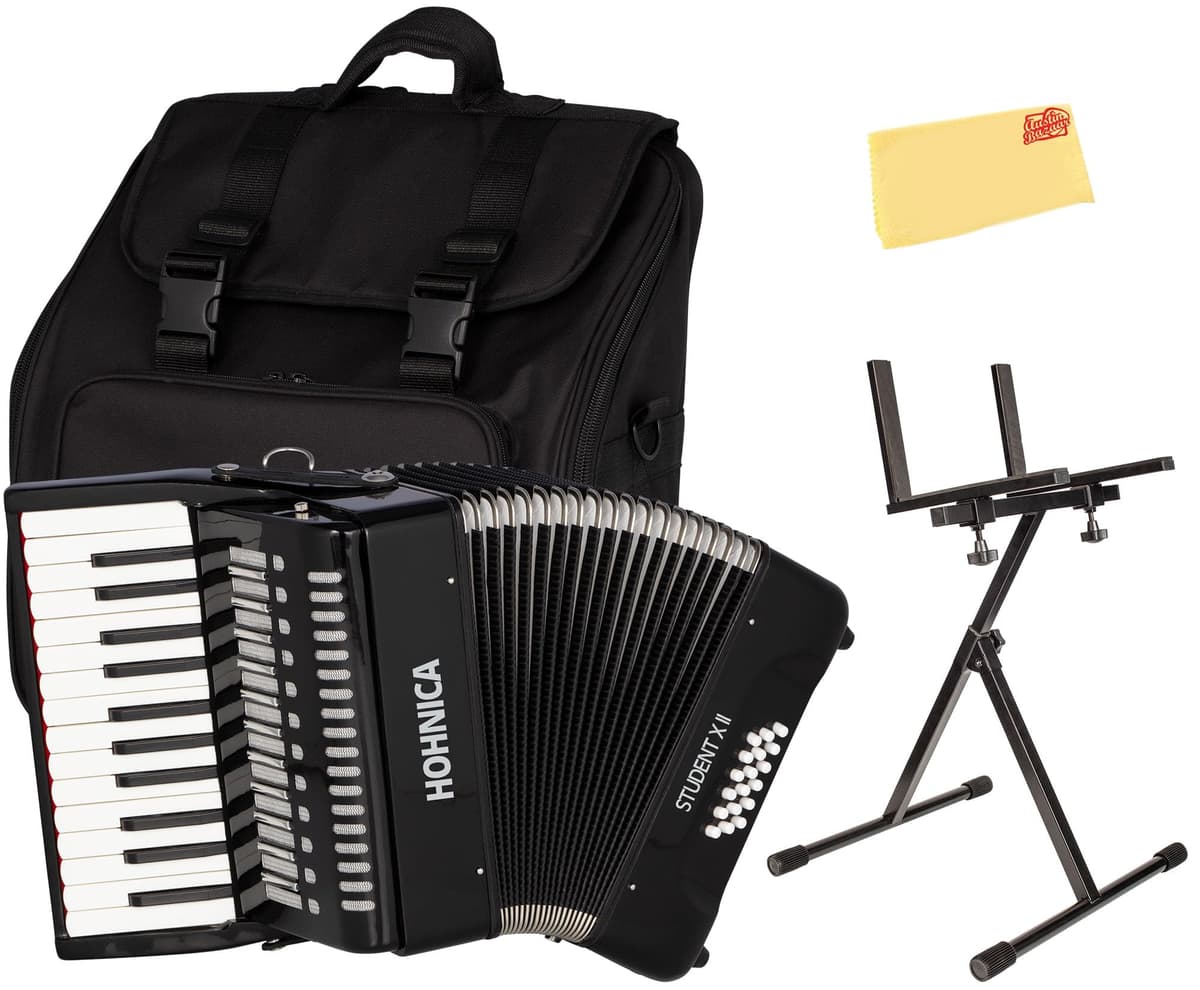 Hohner Hohnica STUXII Acordeón Piano 44 Teclas 18 Bajos - Negro, Combo con Funda, Soporte Ajustable y Paño de Pulido Austin Bazaar