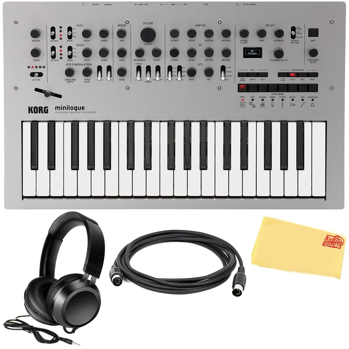 KORG Minilogue AUS-MINILOGUE-COMBO-STD Sintetizador Analógico Polifónico Bundle con Cable MIDI, Auriculares y Paño de Pulido Austin Bazaar