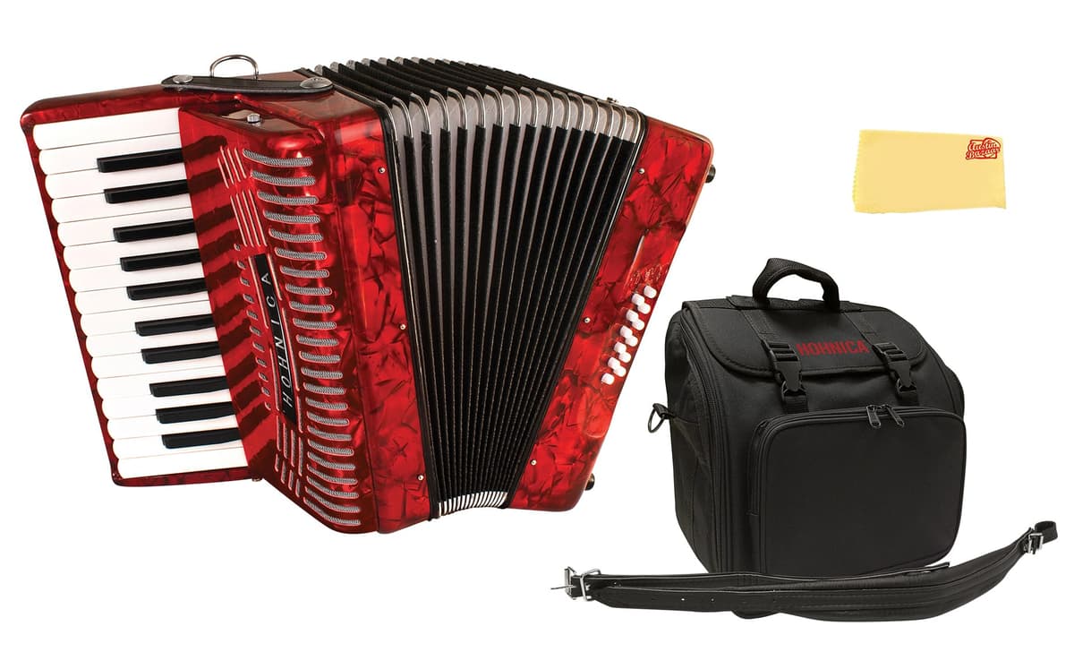 Hohner Hohnica 1303-RED Acordeón Piano 12 Bajos Perla Roja - Combo con Funda, Correas y Paño de Pulido Austin Bazaar
