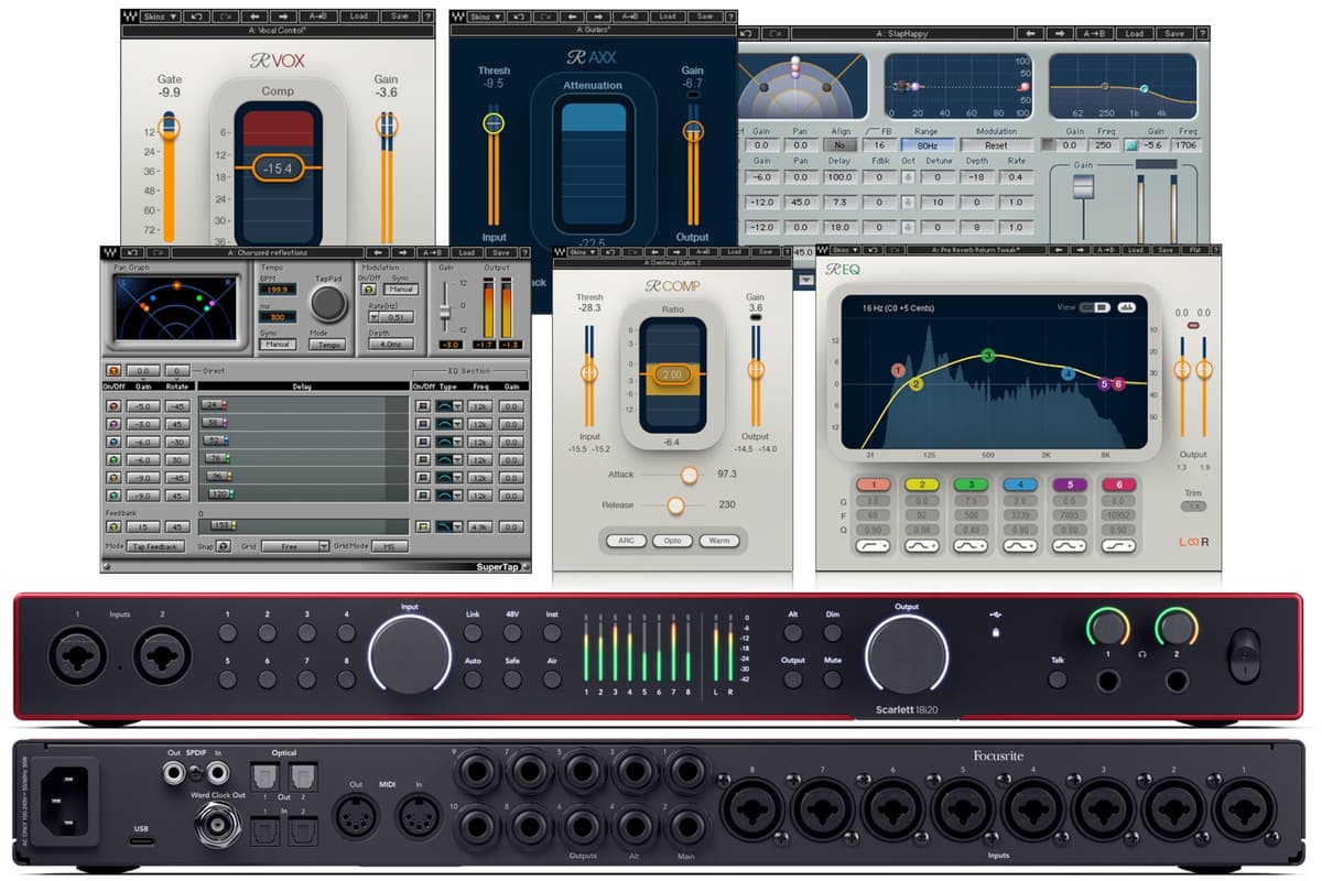 AudioDeluxe Focusrite Scarlett 18i20 (4ta Gen) Interfaz de Audio USB + Waves Musicians 2 Bundle, 18 entradas 20 salidas, estudio, grabación profesional, PC/Mac 18i20WMB2