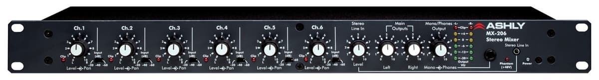 Ashly MX-206 mezclador de micrófonos estéreo 6 entradas, 1RU, para rack, montable en rack, mixer profesional