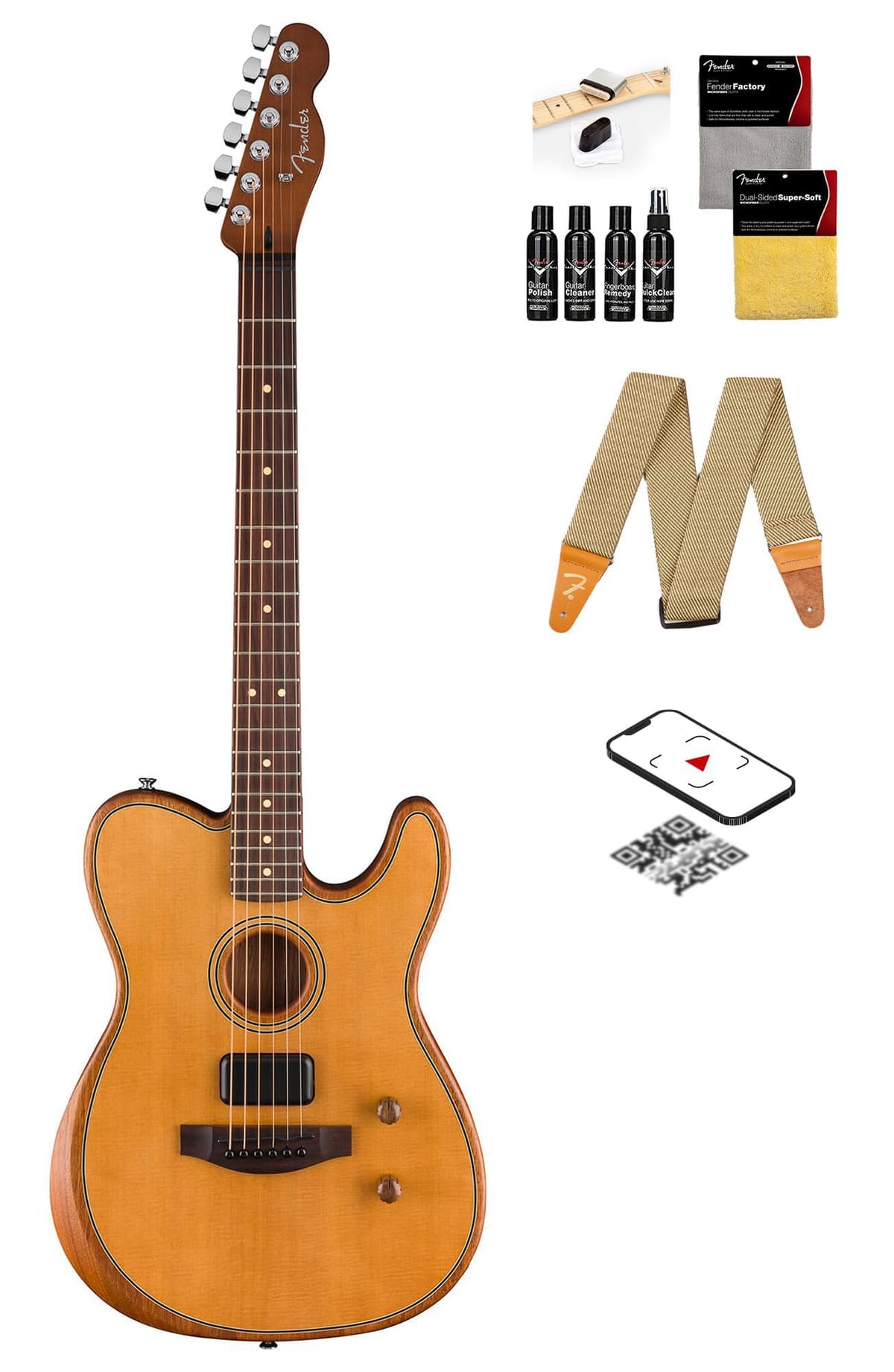 Fender Acoustasonic Standard Telecaster 973113534 - Guitarra electroacústica Aged Natural, paquete con correa, kit de limpieza y video instructivo Austin Bazaar