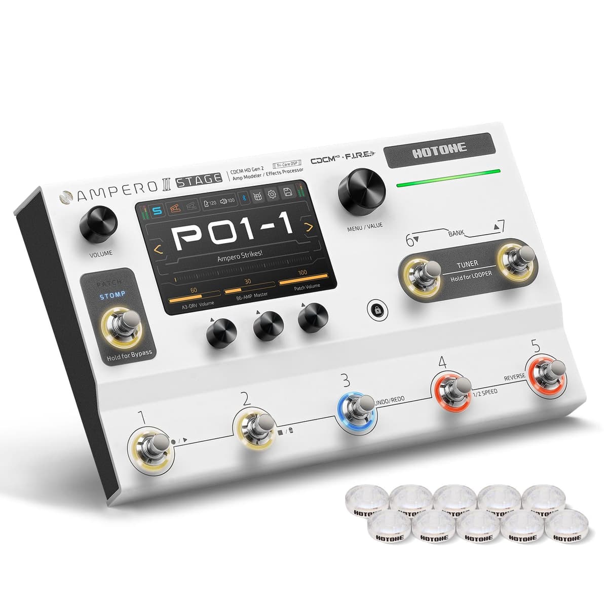 HOTONE Ampero II Stage MP Pedalera Multiefectos Cadenas de Efectos Duales con FX Loop MIDI I/O Estéreo OTG Interfaz de Audio USB Pantalla Táctil (Incluye 10 Toppers para Footswitch VOLKTONE) MP-380