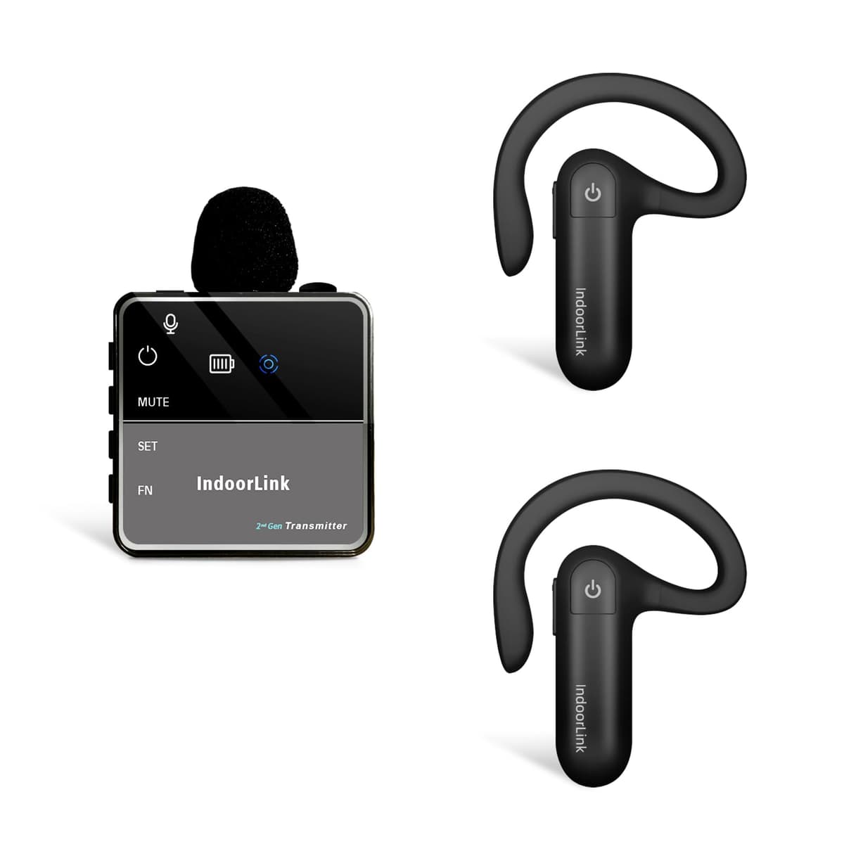 IndoorLink E201+E103 Sistema de Audioguía Inalámbrico, Micrófono Lavalier, Auriculares Whisper, Reducción de Ruido para Iglesias, Fábricas, Museos, Exposiciones y Juzgados (1T2R)