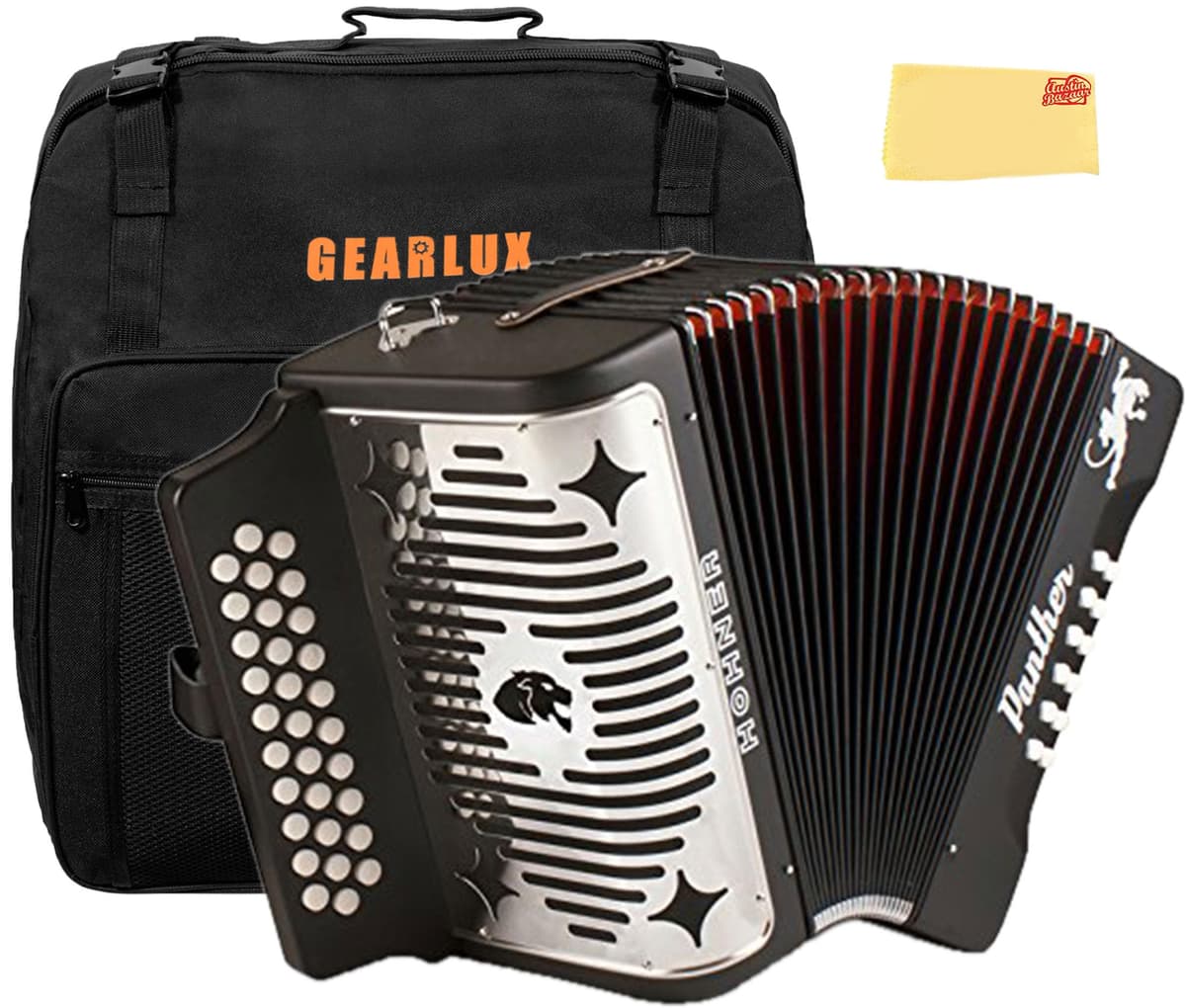 Hohner Panther A4800-COMBO-STD Acordeón Diatónico G/C/F Combo con Estuche Gig Bag y Paño de Pulido Austin Bazaar