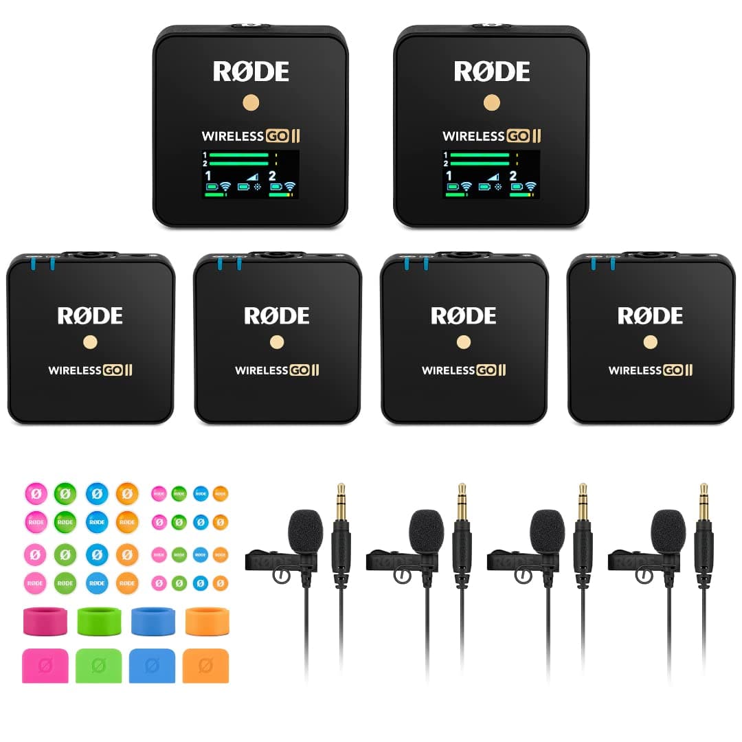 Rode StreamEye Wireless GO 2 Sistema de Micrófonos Inalámbricos Digitales Compactos Duales (Par) con 4 Micrófonos de Solapa Lavalier GO y Identificadores de Colores para Micrófono Rode Wireless GO 2