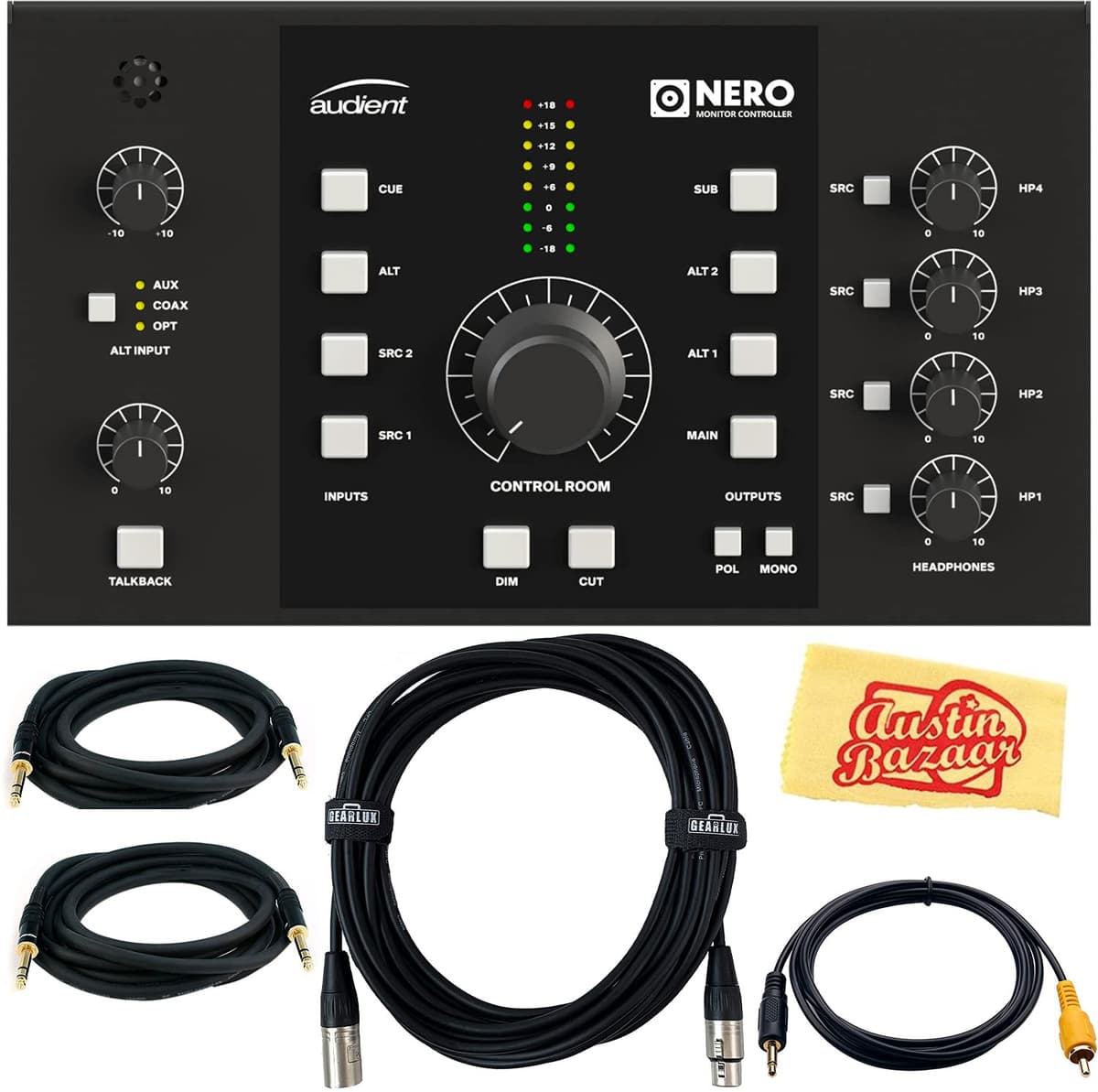 Audient Nero AUS-NERO-COMBO-STD Controlador de Monitores de Escritorio, paquete con cable XLR, cable RCA, 2 cables TRS y paño de limpieza Austin Bazaar