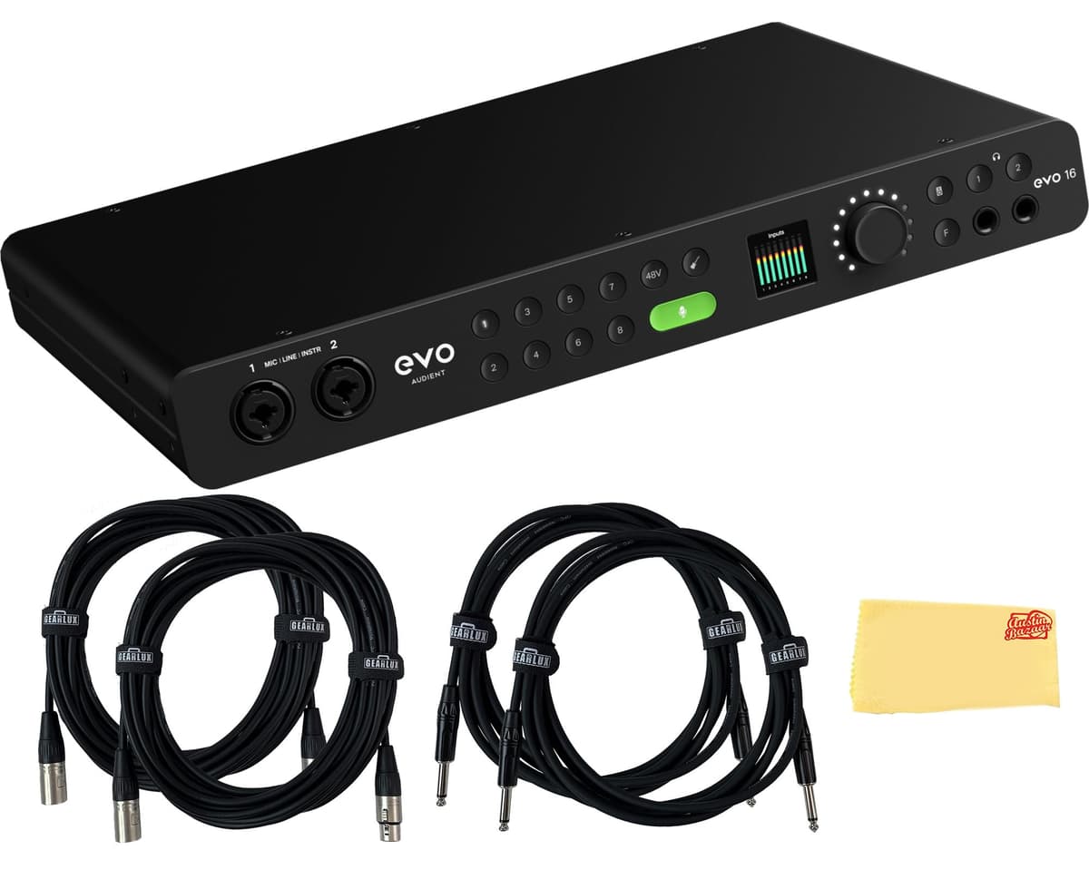 Audient EVO16 AUS-EVO16-COMBO-DLX Interfaz de Audio USB 24 Entradas 24 Salidas bundle con 2 Cables Instrumento, 2 Cables XLR y paño de pulido Austin Bazaar