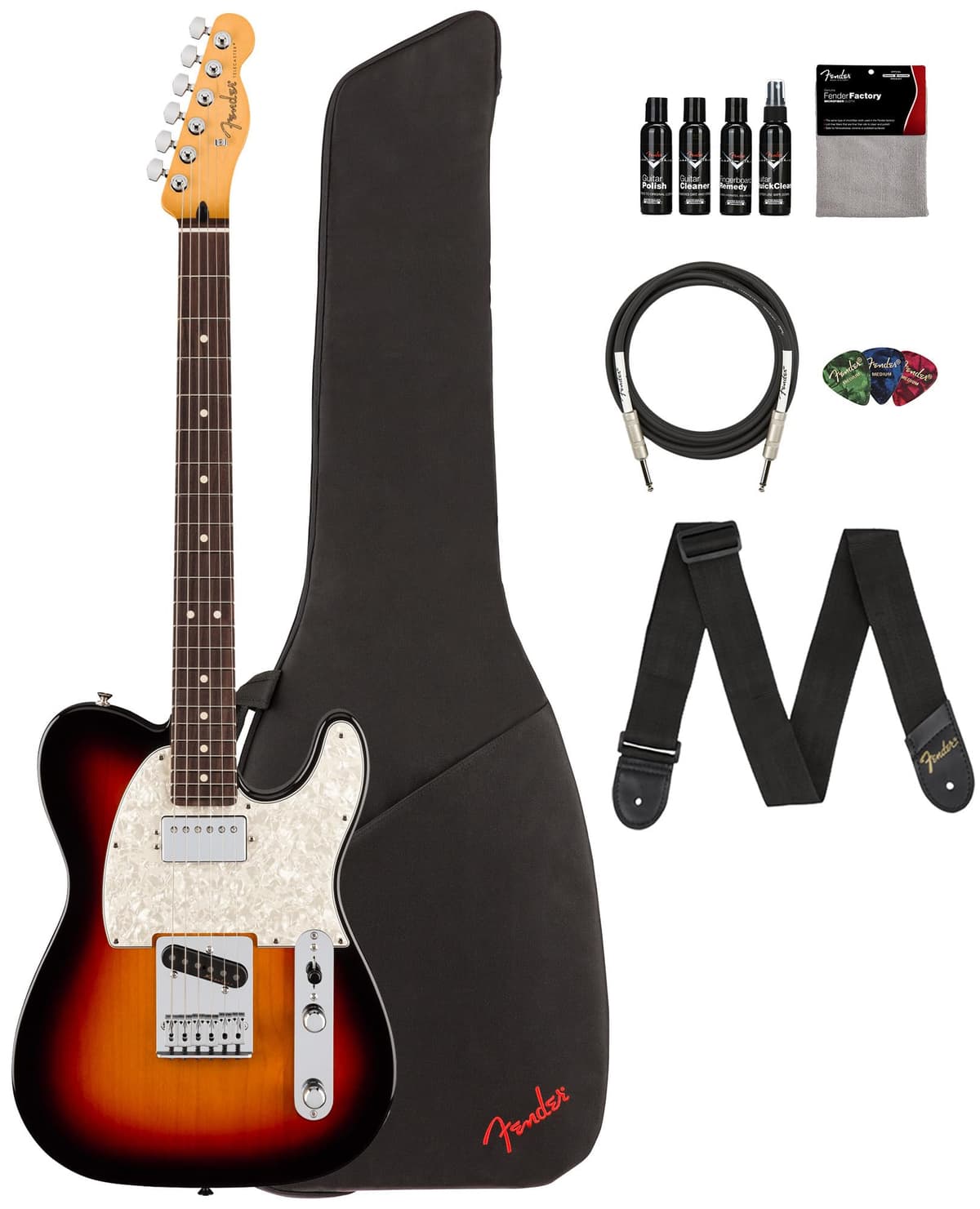 Fender Player II Modified Telecaster SH - Guitarra Eléctrica 3-Tone Sunburst + Funda, Correa, Cable, Set 3 Púas y Kit de Limpieza 147480300