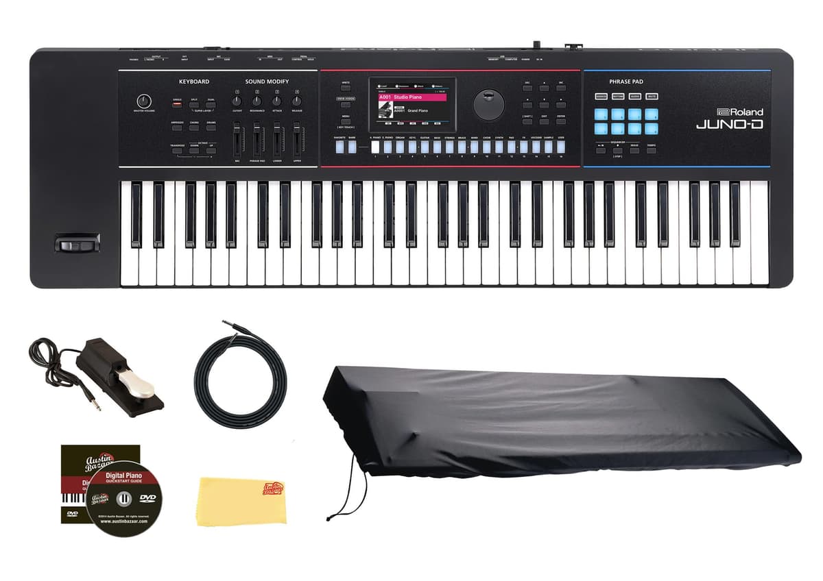 Roland JUNO-D6 Teclado Sintetizador 61 Teclas Bundle con Pedal de Sustain, Cable de Instrumento, Funda, DVD Instructivo Austin Bazaar y Paño de Pulido