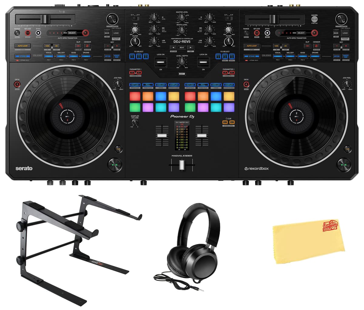Pioneer DDJ-REV5 Controlador DJ de 4 canales - Negro, Bundle con soporte para laptop, audífonos y paño de pulido Austin Bazaar