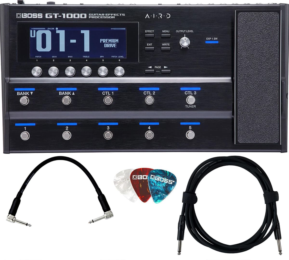 BOSS GT-1000 Procesador de Efectos para Guitarra Bundle con Cable Instrumento 10ft, Patch 6in y Púas AUS-GT-1000-COMBO-STD-V2