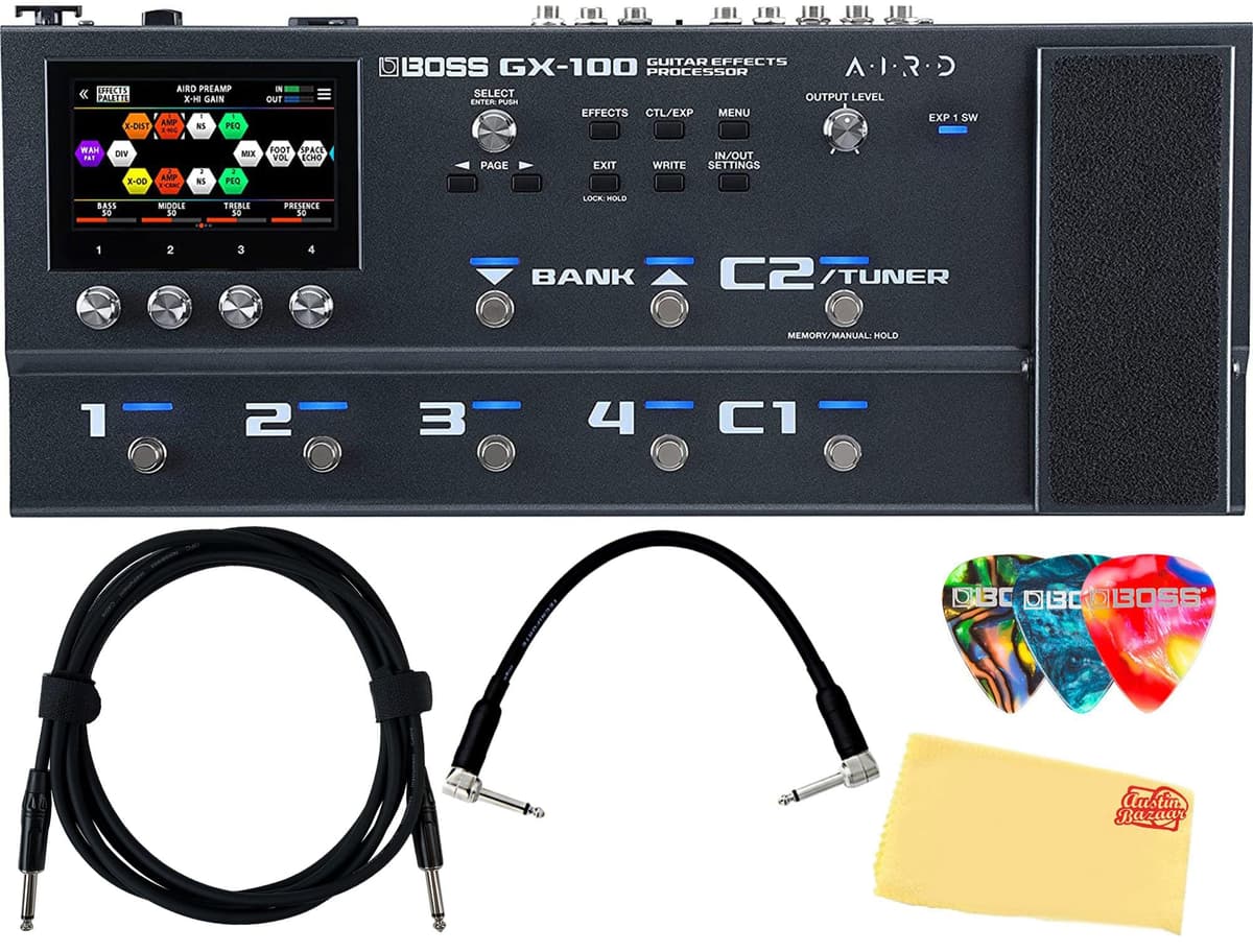 Boss GX-100 Pedalera Multiefectos para Guitarra en Bundle con Cable de Instrumento, Cable Patch, Uñas/Picks y Paño de Pulido Austin Bazaar (AUS-GX-100-COMBO-STD)