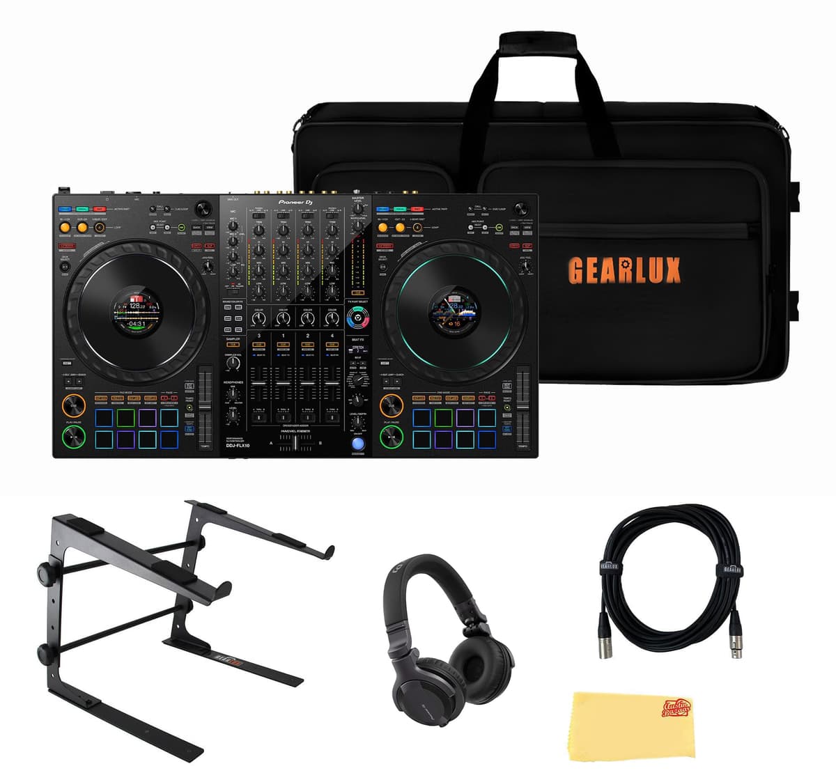Pioneer DDJ-FLX10 Controlador DJ Profesional de 4 Canales - Negro, Bundle con Case, Soporte para Laptop, Audífonos HDJ-CUE1, Cable de Micrófono XLR y Paño de Pulido Austin Bazaar