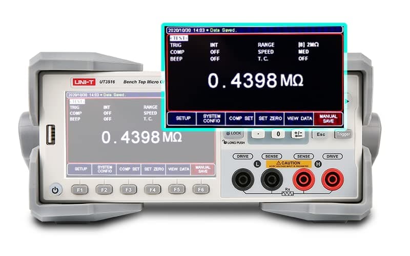 UNI-T UT3510 Series UT3513 Micro Ohm Meter, Handler, RS232, USB Device, USB Host, pantalla TFT LCD 4.3", rango 1μΩ-20kΩ, medio rack 2U