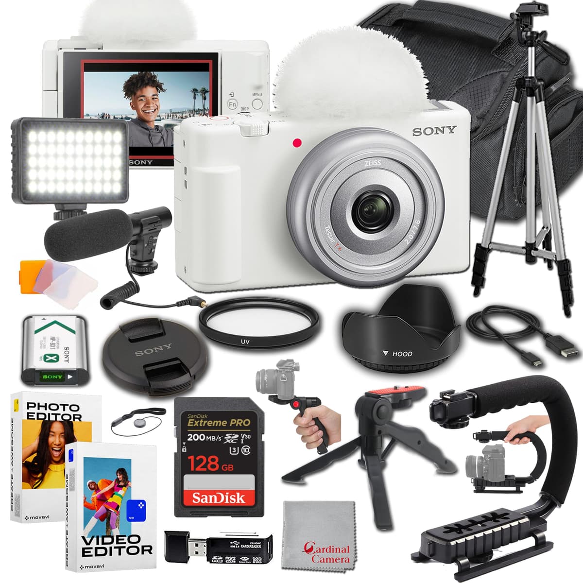 Sony ZV-1F Blanco Kit Definitivo para Creadores de Contenido: Memoria 128GB Extreme, Micrófono, Luz de Video, Software de Edición, U-Grip y Trípode (21 piezas)