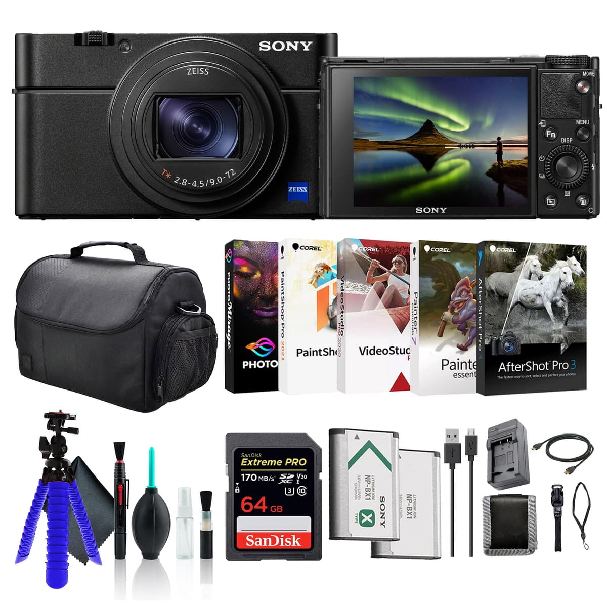 Sony Cyber-Shot DSC-RX100 VII Cámara Digital DSC-RX100M7, Memoria 64GB, Estuche, Batería NP-BX1, Lector de Tarjetas, Software Corel Photo, Cable HDMI, Cargador, Trípode Flexible y más